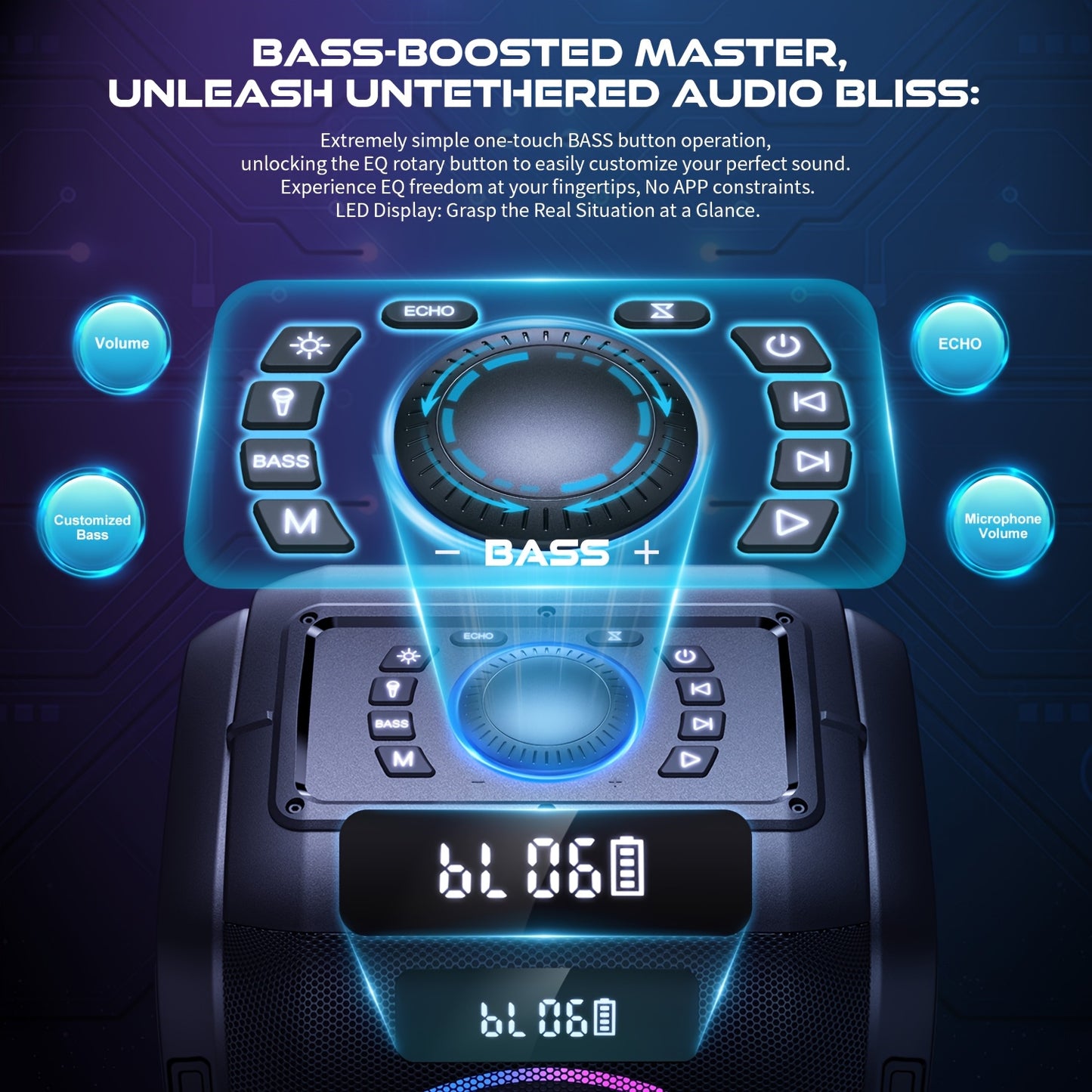 Powerful W-KING 200W peak wireless speaker with massive 120dB soundstage and DSP chip, 12-level bass adjustment, Big Party Boombox portable speaker with super deep bass, dynamic light show, 6.35mm microphone input, TF card sl