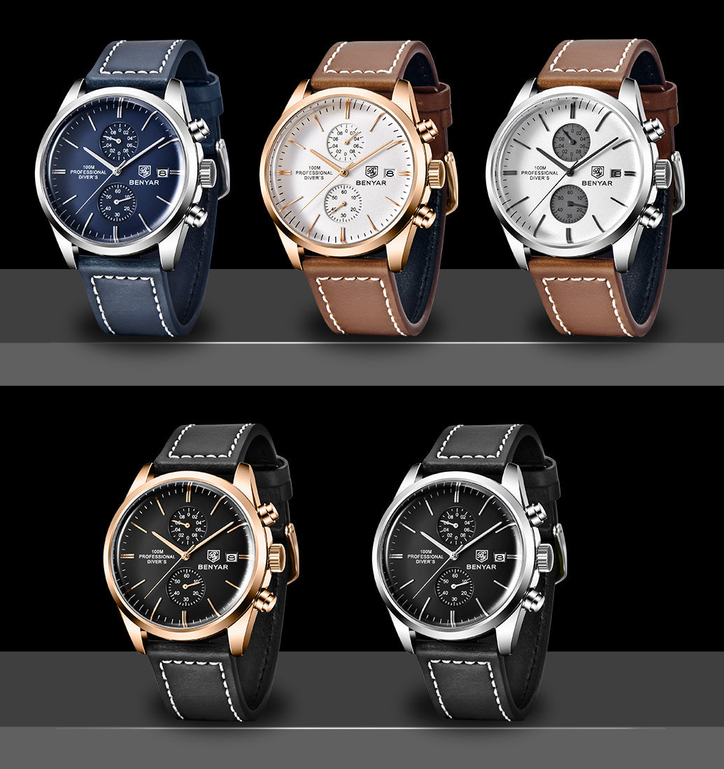 1pc New BENYAR Men's PU Leather Quartz Wristwatch, Men's 100M Multifunctional Watch Military Sports Chronograph Watch For Men