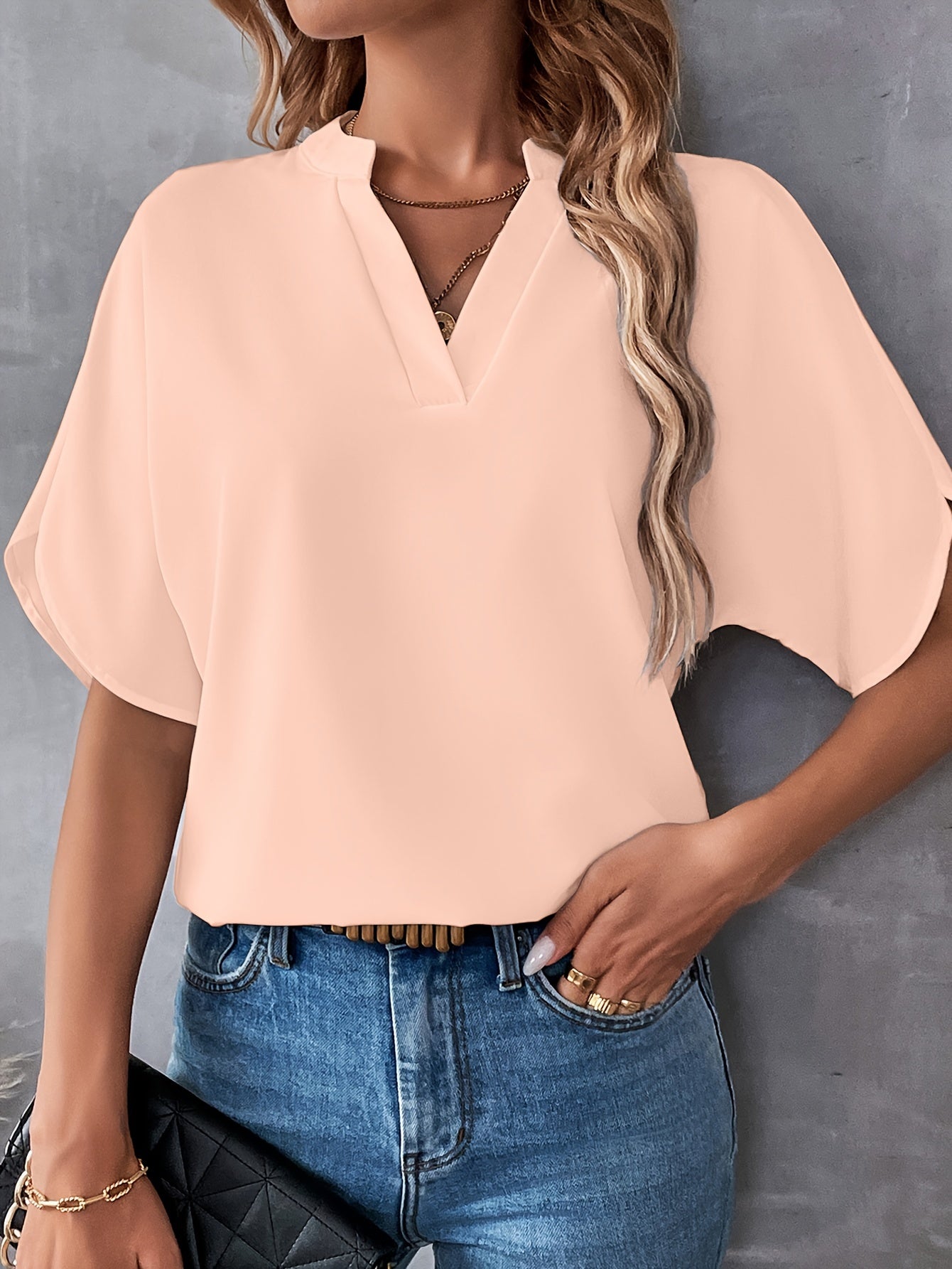 Solid Color Notch Neck Blouse, Casual Short Split Sleeve Blouse For Spring & Summer, Women's Clothing