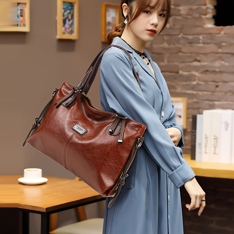 Women'S Vintage Handbag with Adjustable Shoulder Strap, Multiple Pockets & Soft Oil Edge Detail - Burgundy Polyester Lining, Zipper Closure, Elegant Accessory for Mother'S Day Gifts, Elegant Handbag | Vintage Tote Design | So