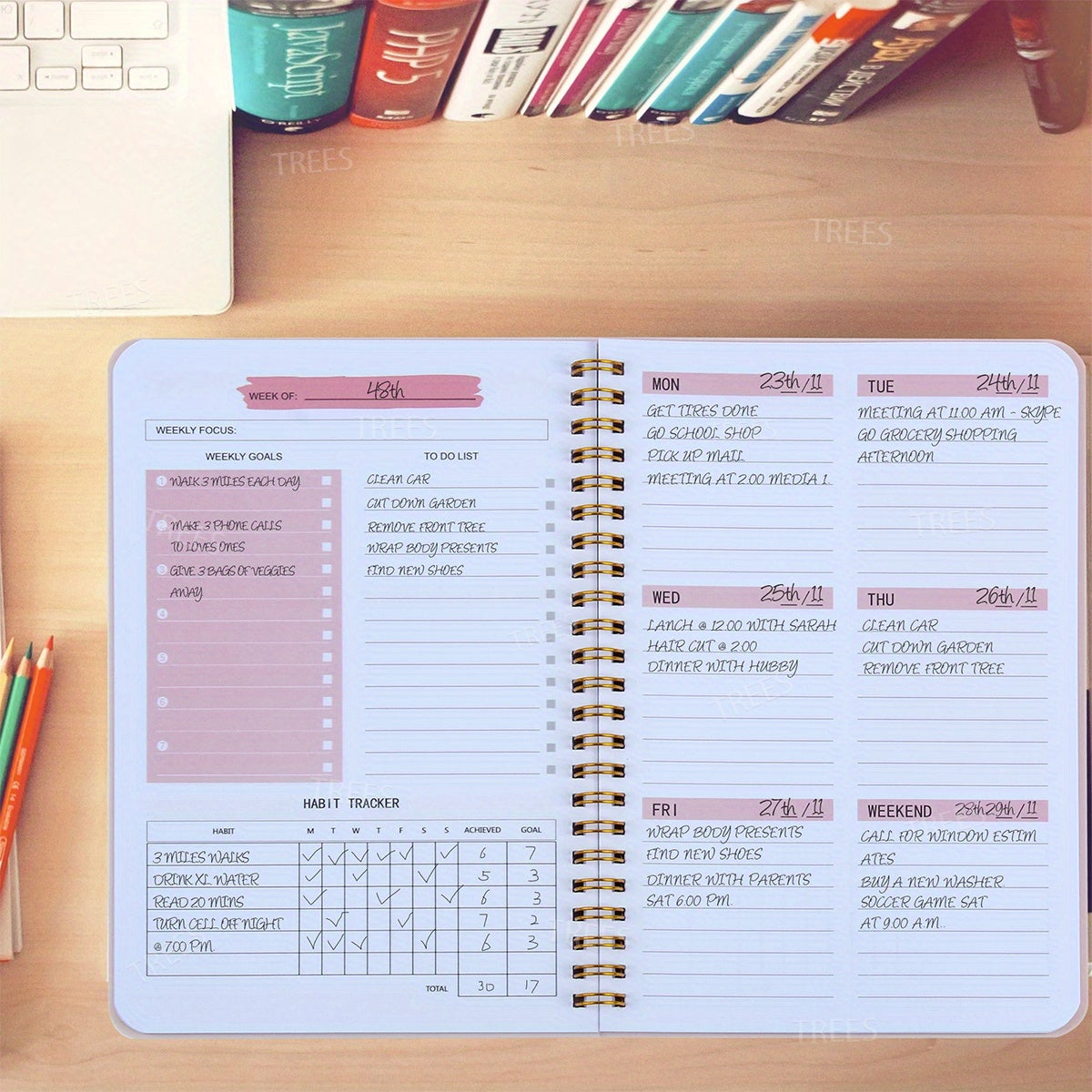1pc Trees Spiral Undated A5 Daily Weekly Notebook Planner Agenda, Stationery Office School Supplies, Record Daily Plans To Achieve Future Goals, 21.08*13.97 Cm, 52 Sheets