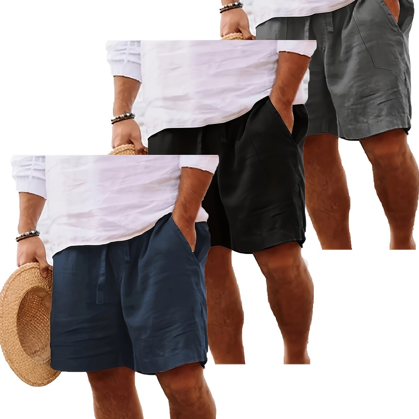 Men's Summer Shorts, Drawstring Elastic Waist, Straight Leg Solid Color Breathable Casual Beach Capri Pants - Three-Pack
