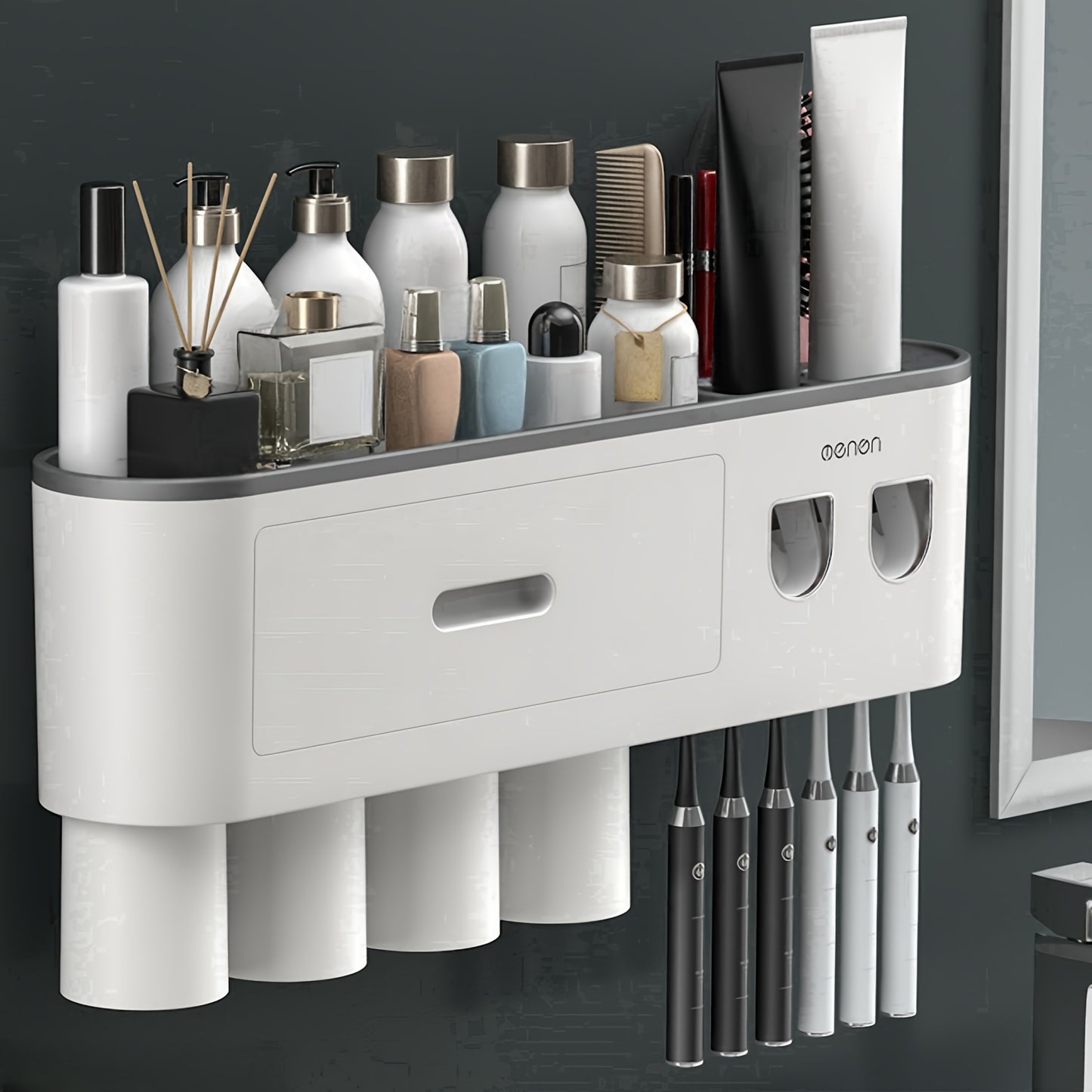 No Drill Adhesive Wall-Mounted Modern White Bathroom Organizer Set with 2-in-1 Magnetic Toothpaste Dispenser & Multi-Tier Storage Shelf - Space-Saving Over Sink Organizer with Suction Cup Hooks, Durable Plastic Construction f