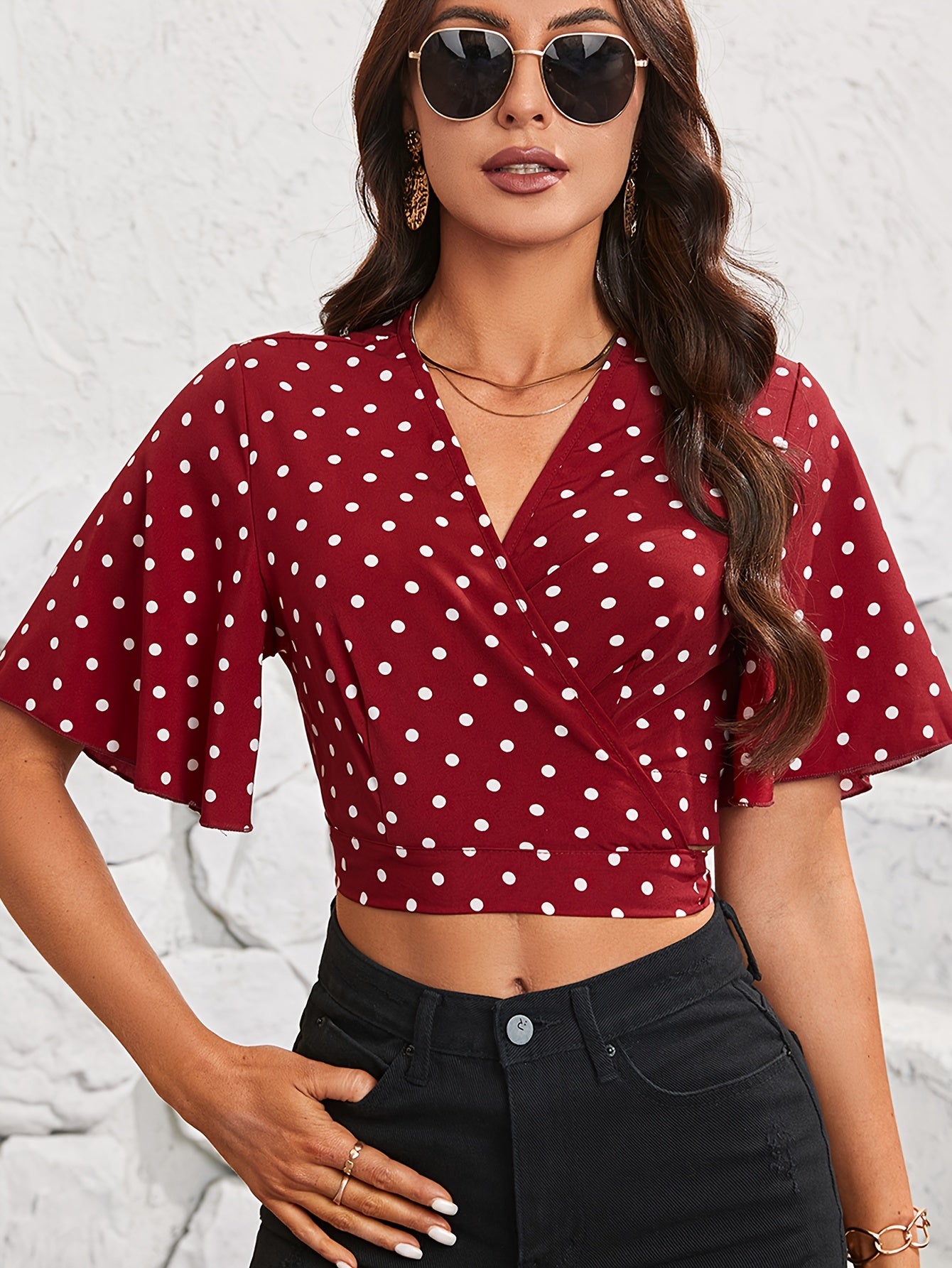 Polka Dot Print Surplice Neck Blouse, Elegant Ruffle Sleeve Crop Top For Spring & Summer, Women's Clothing