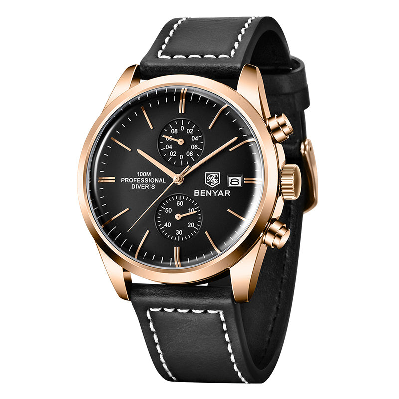 1pc New BENYAR Men's PU Leather Quartz Wristwatch, Men's 100M Multifunctional Watch Military Sports Chronograph Watch For Men