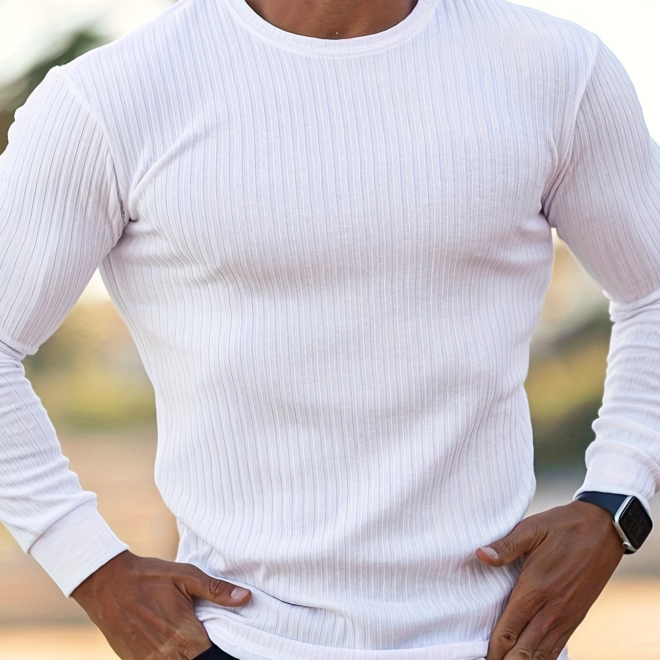 Ribbed Men's Casual Stretch Breathable Lightweight Long Sleeve Round Neck T-shirt For Spring Fall, Running Training
