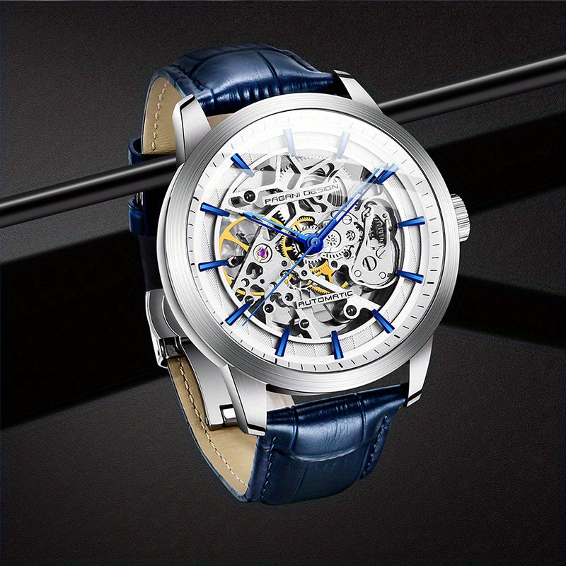 Pagani Design 2023 Men's Automatic Skeleton Watch, Self-Winding, Stainless Steel, Leather Strap, Pointer Series, Water Resistant To 100 Meters Sports Leather Watch