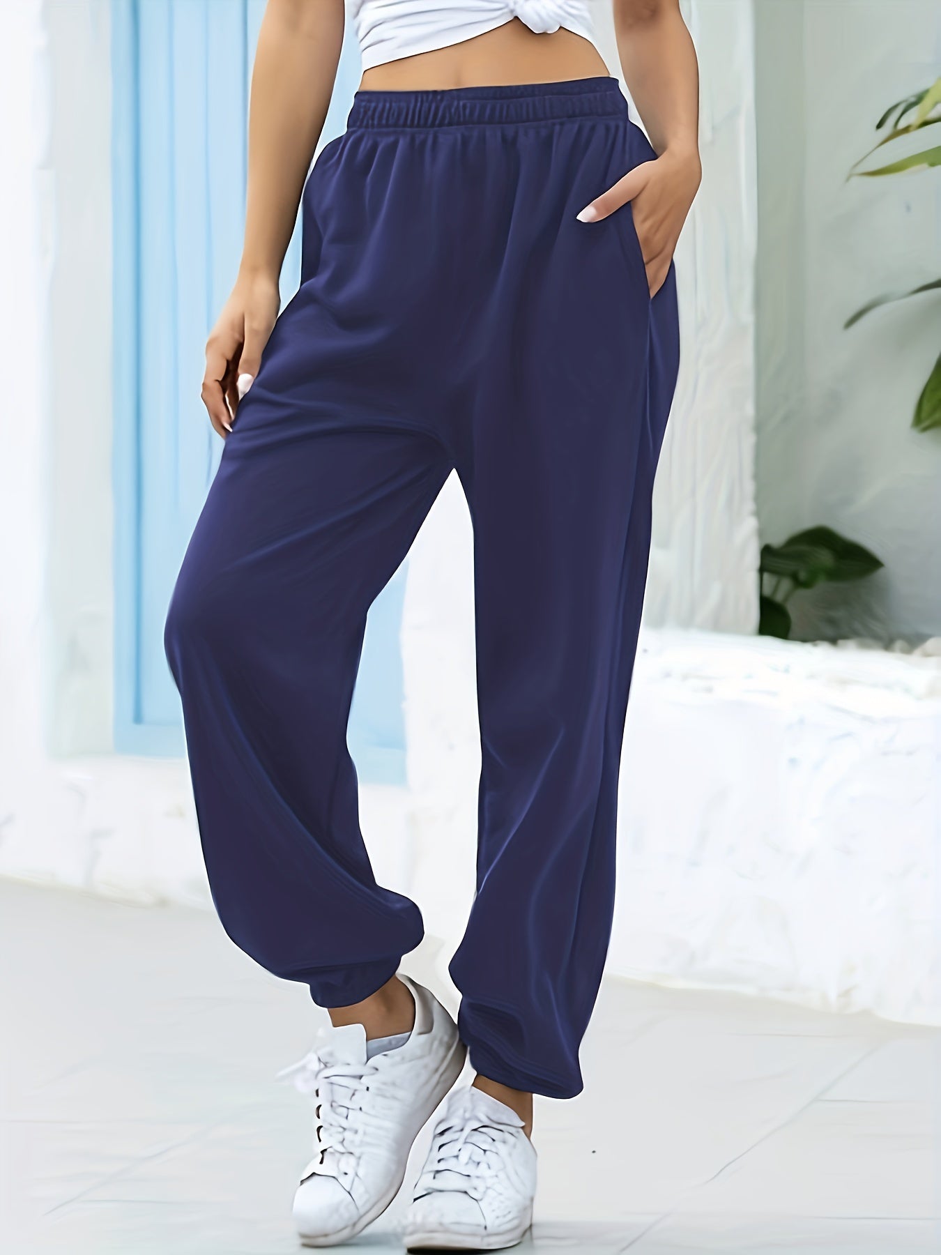 Women's High-Waisted Wide-Leg Cropped Pants - Casual Navy Blue Polyester, Elastic Waistband with Pockets, Perfect for Fall & Winter, Plus Size Pants