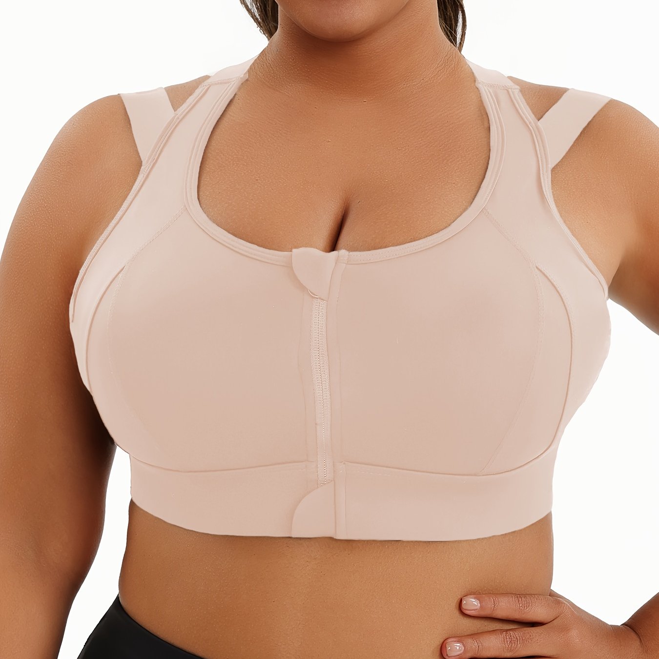 Women's Plus Size Sports Bra, Front Zip Closure, High Support Fitness Active Wear, Breathable Comfortable Lingerie, For Basketball Yoga Sports, Simple Look