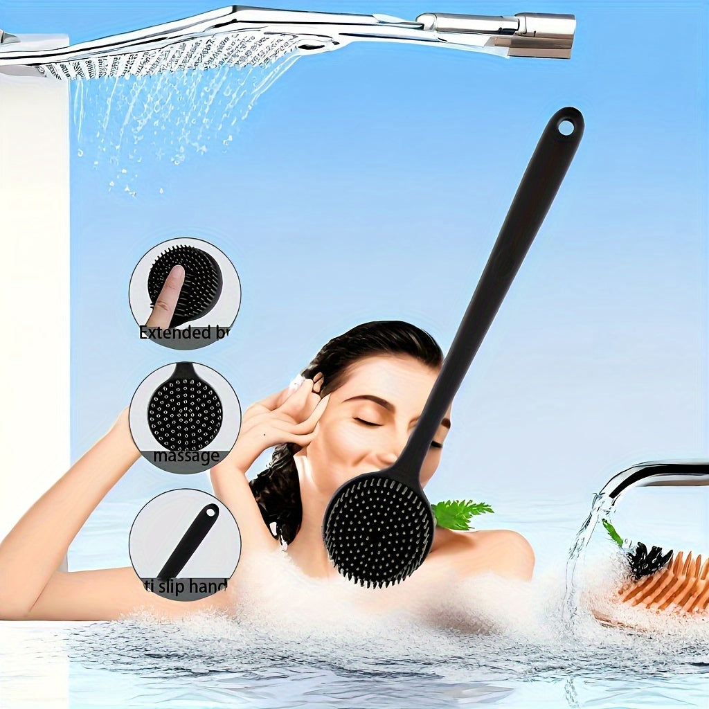 1pc Long Handle Soft Silicone Back Scrubber & Massager - Gentle Exfoliating Brush for Deep Cleansing, No Battery Needed, Ergonomic Design for Upper Back & Hard-to-Reach Areas, Light Beige Care & Muscle Relaxation, Shower Acce
