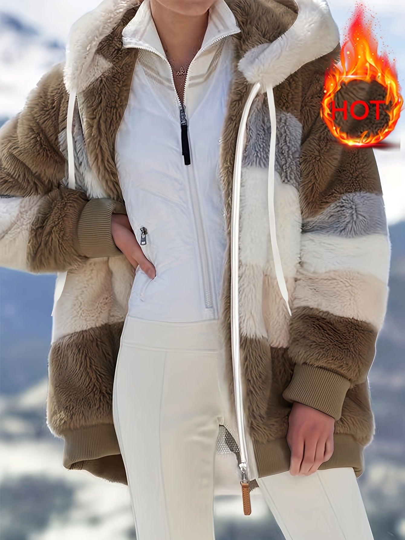 Women's Plush Faux Fur Hooded Jacket - Loose Fit Color Block Coat with Blue/Beige/White/Black Design, Long Sleeve Winter Warmth, Machine Washable for Casual & Formal Outfits, Ladies Winter Coats, Autumn Layering Piece, Formal