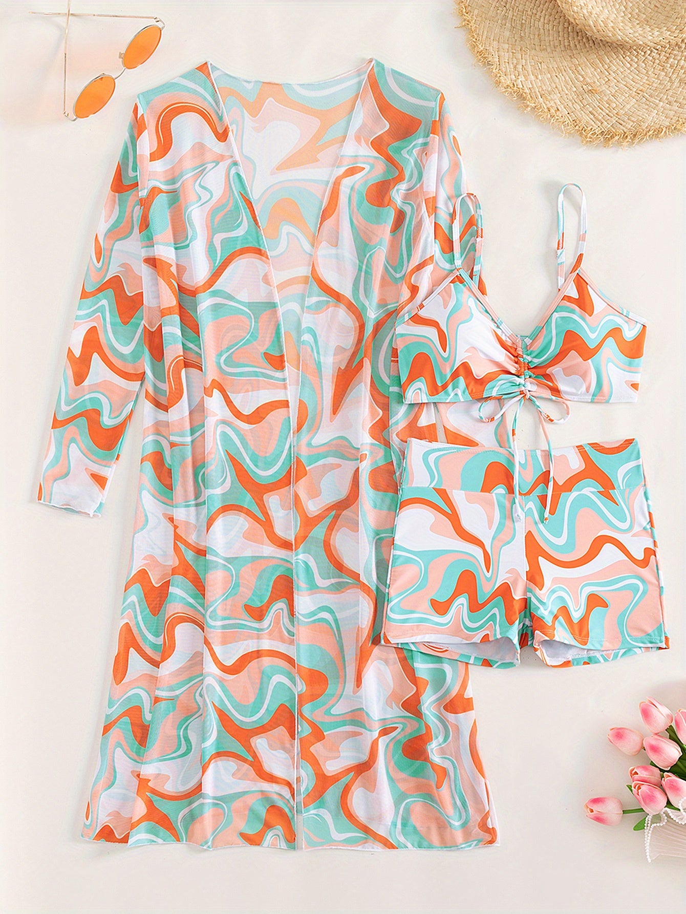 3-piece Geometrical Print Drawstring Bikini Sets, Boxer Short High Rise Bathing Suit, With Long Sleeve Sheer Cover Up Kimono Shirt, Women's Denim & Clothing