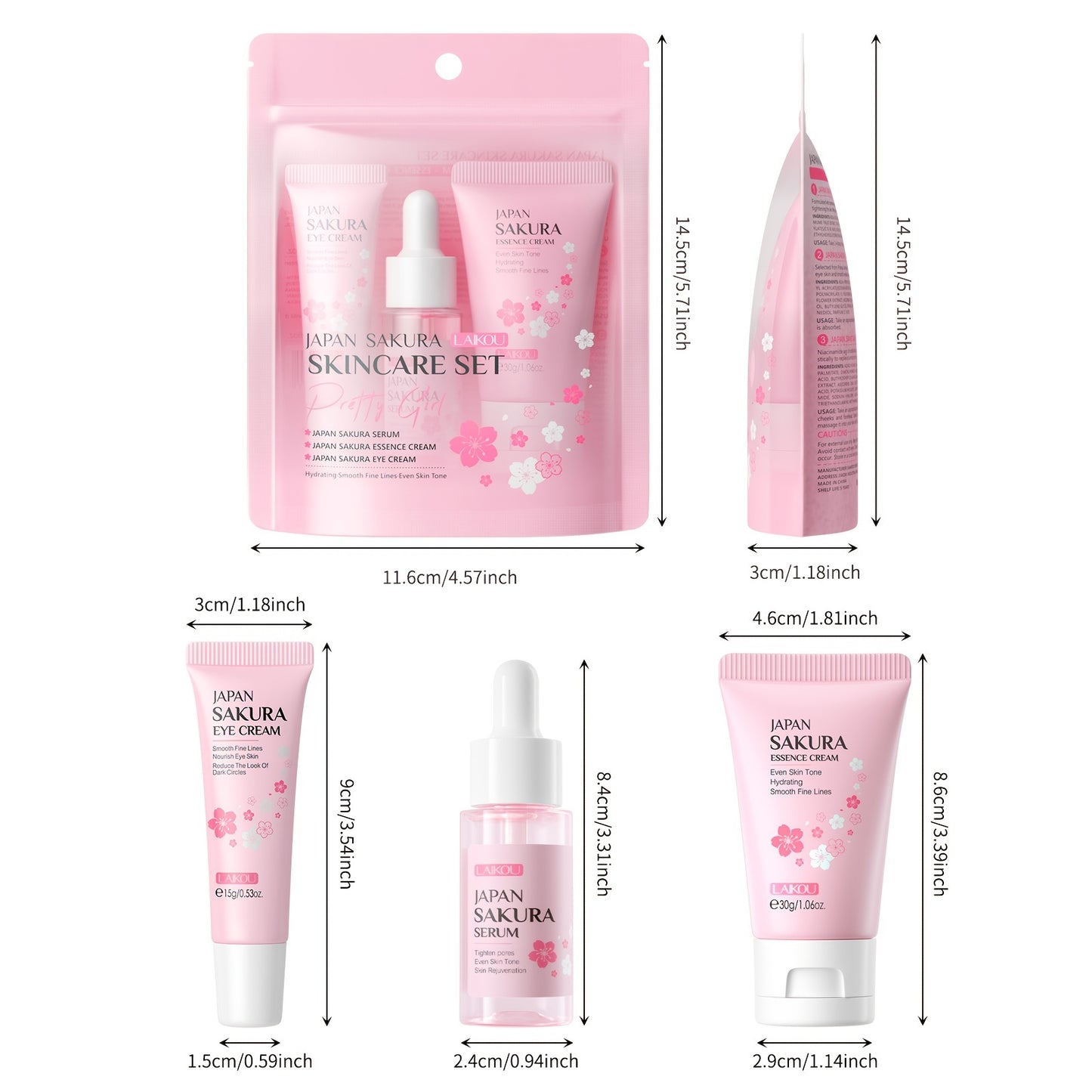 3pcs Set LAIKOU Japanese Cherry Blossom Skin Care Set 3 Piece Serum Liquid Eye Cream Face Cream Skin Care Kit Gifts
