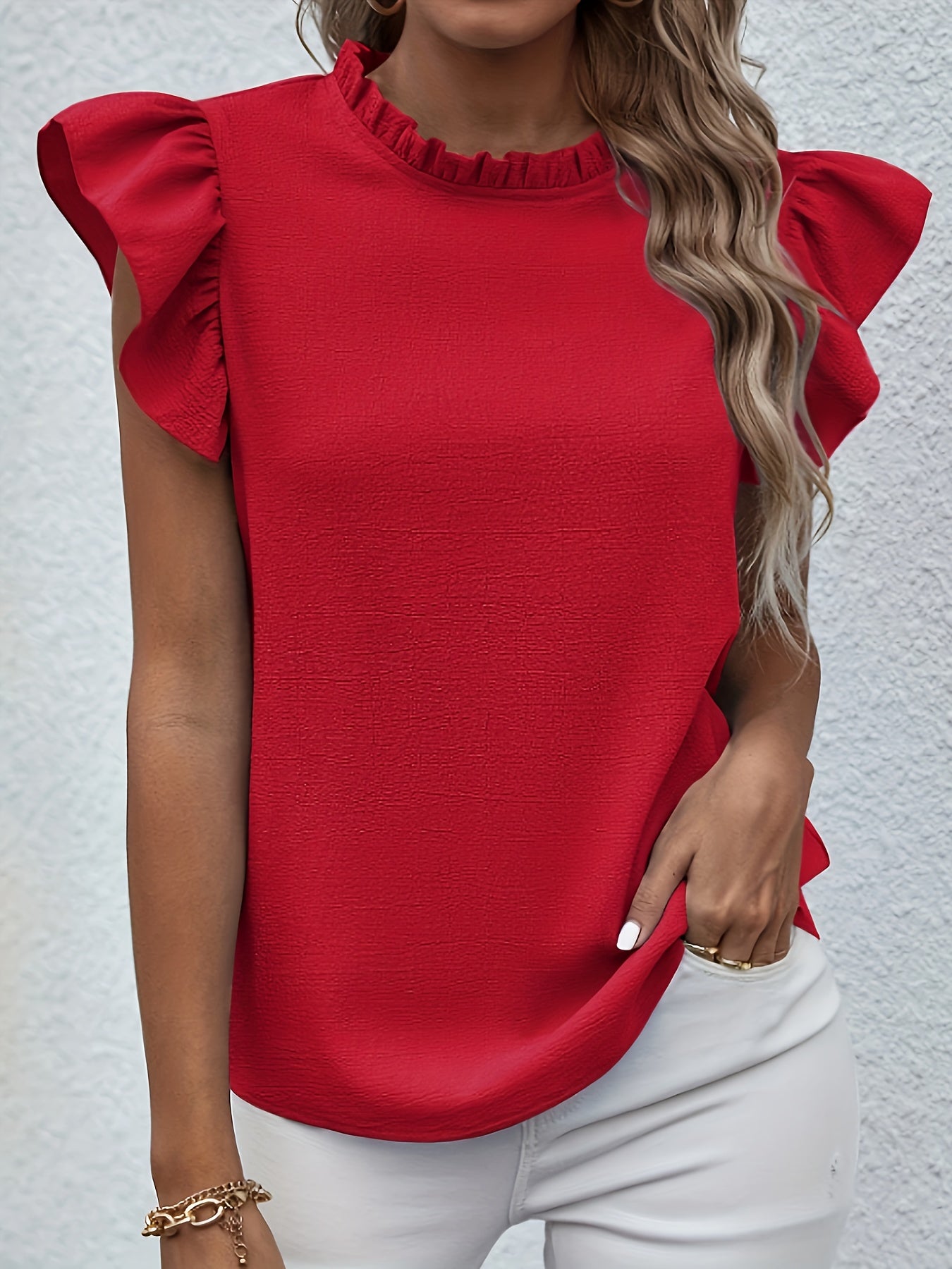 Ruffle Trim Crew Neck Blouse, Casual Solid Color Flutter Sleeve Blouse For Spring & Summer, Women's Clothing Wedding holiday vacation