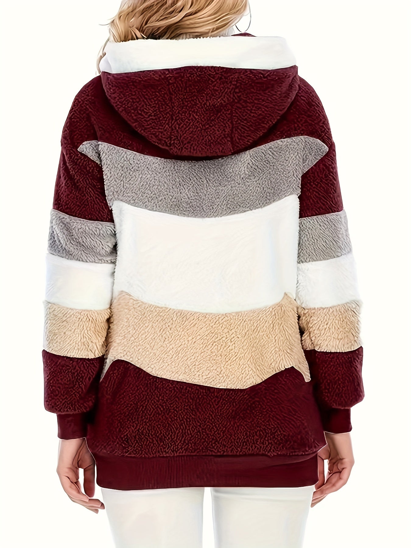 Women's Plush Faux Fur Hooded Jacket - Loose Fit Color Block Coat with Blue/Beige/White/Black Design, Long Sleeve Winter Warmth, Machine Washable for Casual & Formal Outfits, Ladies Winter Coats, Autumn Layering Piece, Formal