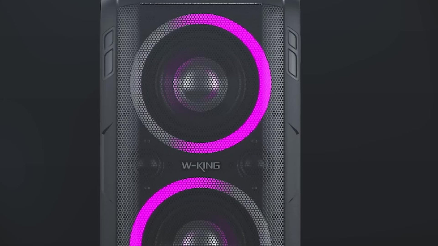 Powerful W-KING 200W peak wireless speaker with massive 120dB soundstage and DSP chip, 12-level bass adjustment, Big Party Boombox portable speaker with super deep bass, dynamic light show, 6.35mm microphone input, TF card sl