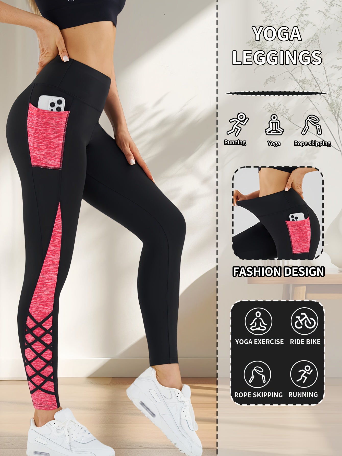 Women's High-Waisted Yoga Pants - Non-See-Through Workout Leggings with Side Pocket, Stretchy Gym Running Pants for Pilates, Cycling, Everyday - Machine Washable Athletic Bottoms (Black/Blue)