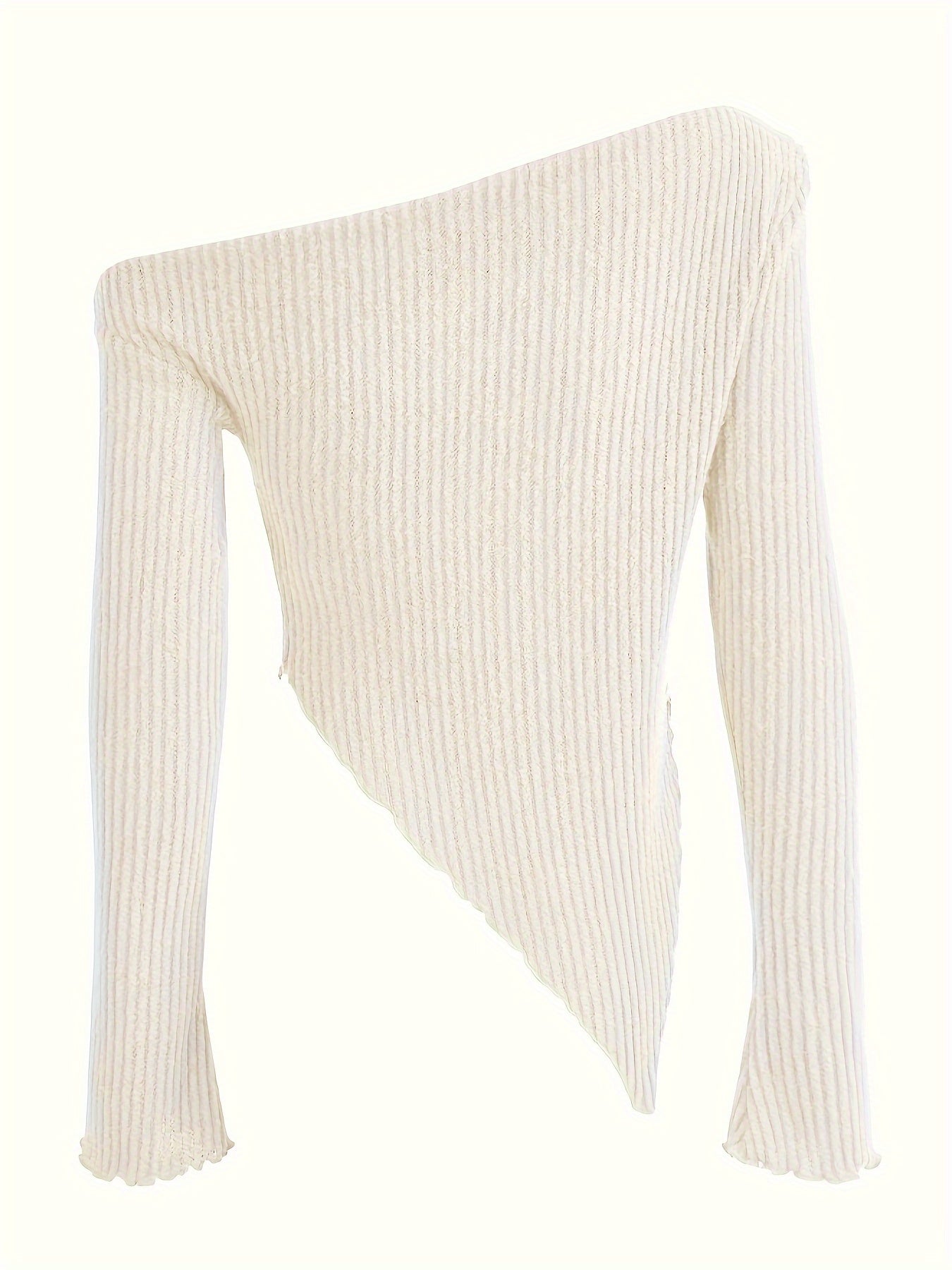 Solid Ruched Asymmetrical Neck T-Shirt, Casual Hanky Hem Long Sleeve Top For Spring & Fall, Women's Clothing