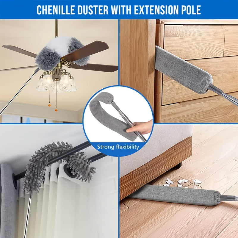 Microfiber Duster with 254.0 cm Telescopic Extension Pole Kit for High Ceilings, Cleaning Fan Spider Webs, Reusable and Washable Lightweight Ceiling Fan Nets, Blinds