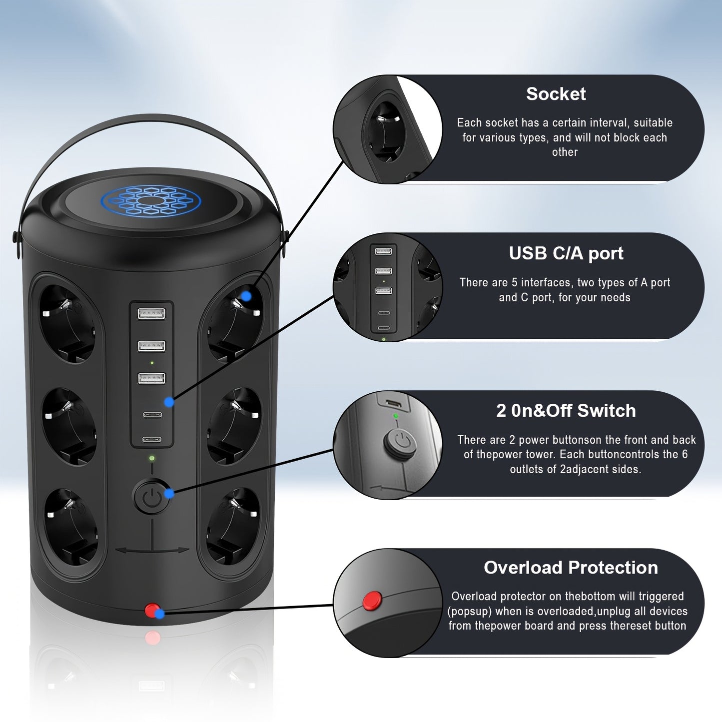 12-Slot Power Strip with 2 USB Fast Charging Ports, 2500W/10A, Voltage Protection, 2.8m Extension Cable, Desktop Tower Design & 2 Main Switches for Home/Office - EU Plug (Black)