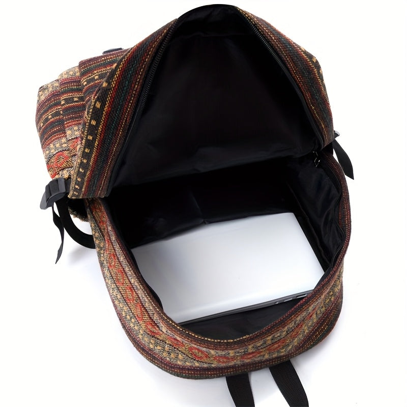 2025 vintage style backpack with adjustable straps, multiple compartments in brown, red, blue, and gray, large capacity travel and vacation backpack, travel backpack