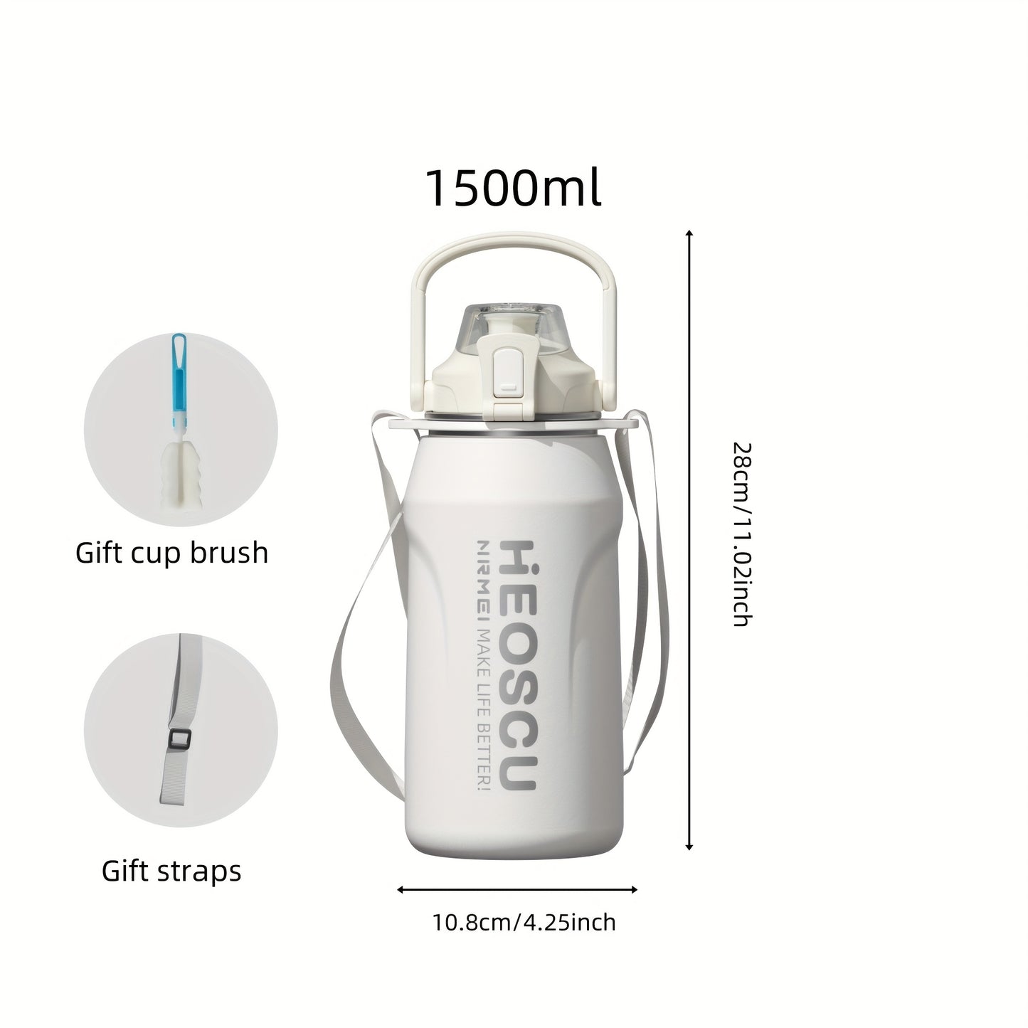 Stainless Steel Insulated Water Bottle, Keeps Hot & Cold for 24 Hours with Straw and Handle/Strap, Double-Walled Travel Mug Flask Free of BPA