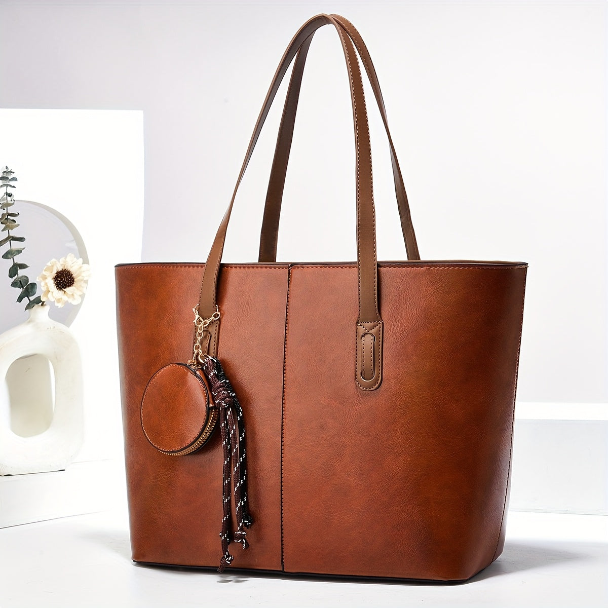 Large Capacity Vintage-Style Synthetic Tote with Fixed Shoulder Strap, Zipper Closure & Polyester - Coffee Brown, Multiple Pockets, Adjustable Shoulder Strap, Hand Washable - Ideal for Everyday Use, Small Purse