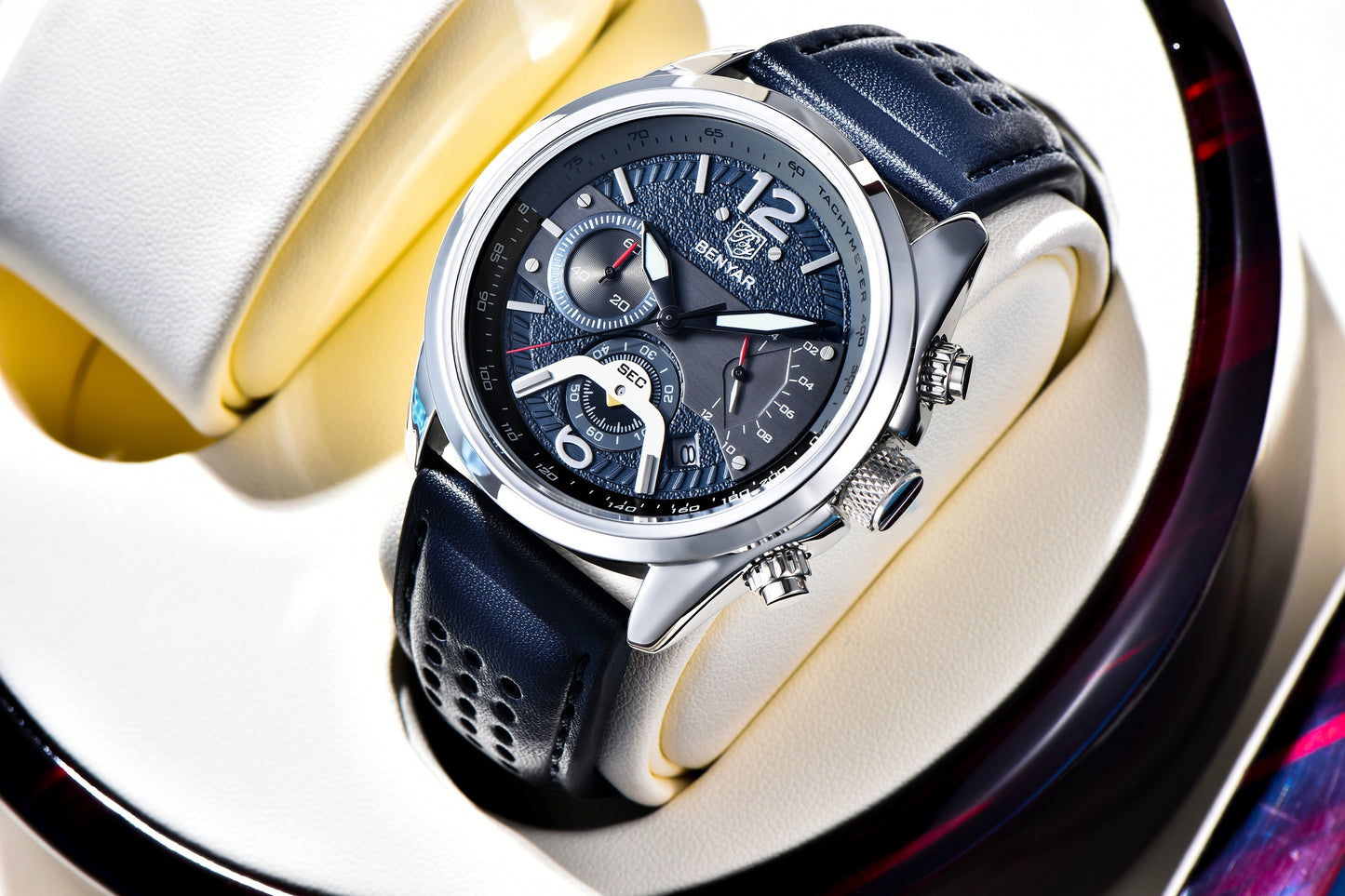 BENYAR Men's Luminous Quartz Watch - 42mm, Chronograph & Analog Display, Sporty Business Casual Design with Faux Leather Strap