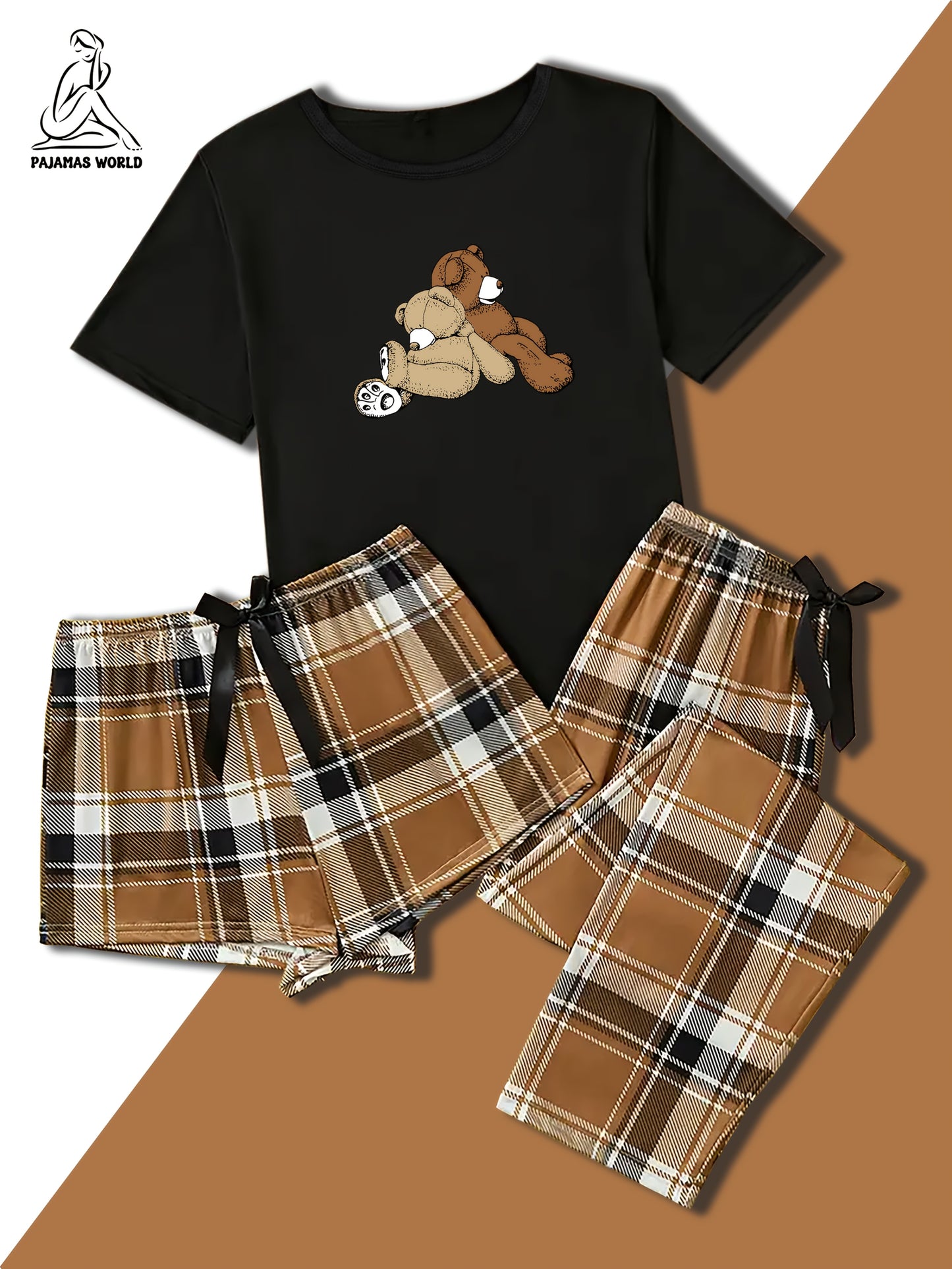 Women'S Casual Cartoon Bear & Plaid Pajama Set - Soft, Loose-Fit Short Sleeve Top with Elastic Waistband, Long Pants & Shorts, Cozy Fall/Winter Sleepwear