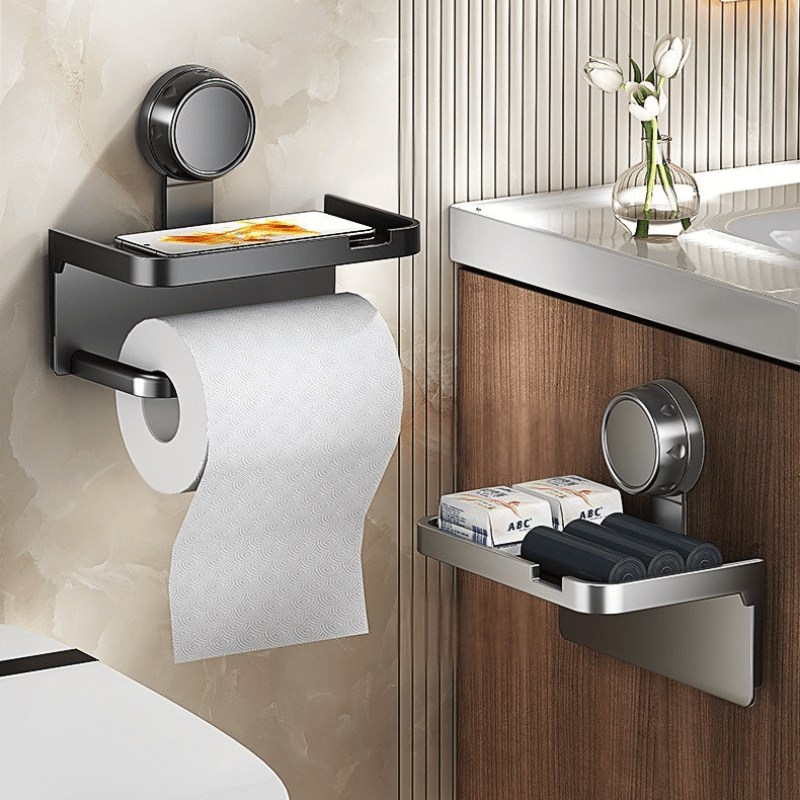 1pc Household Toilet Paper Holder with Storage Box, Suction Cup Wall-Mounted Bathroom Tissue Rack – No Drilling Required. Includes Phone Stand for Convenient Use in the Home or Shower Room, Toilet Tissue Holder for Bathroom