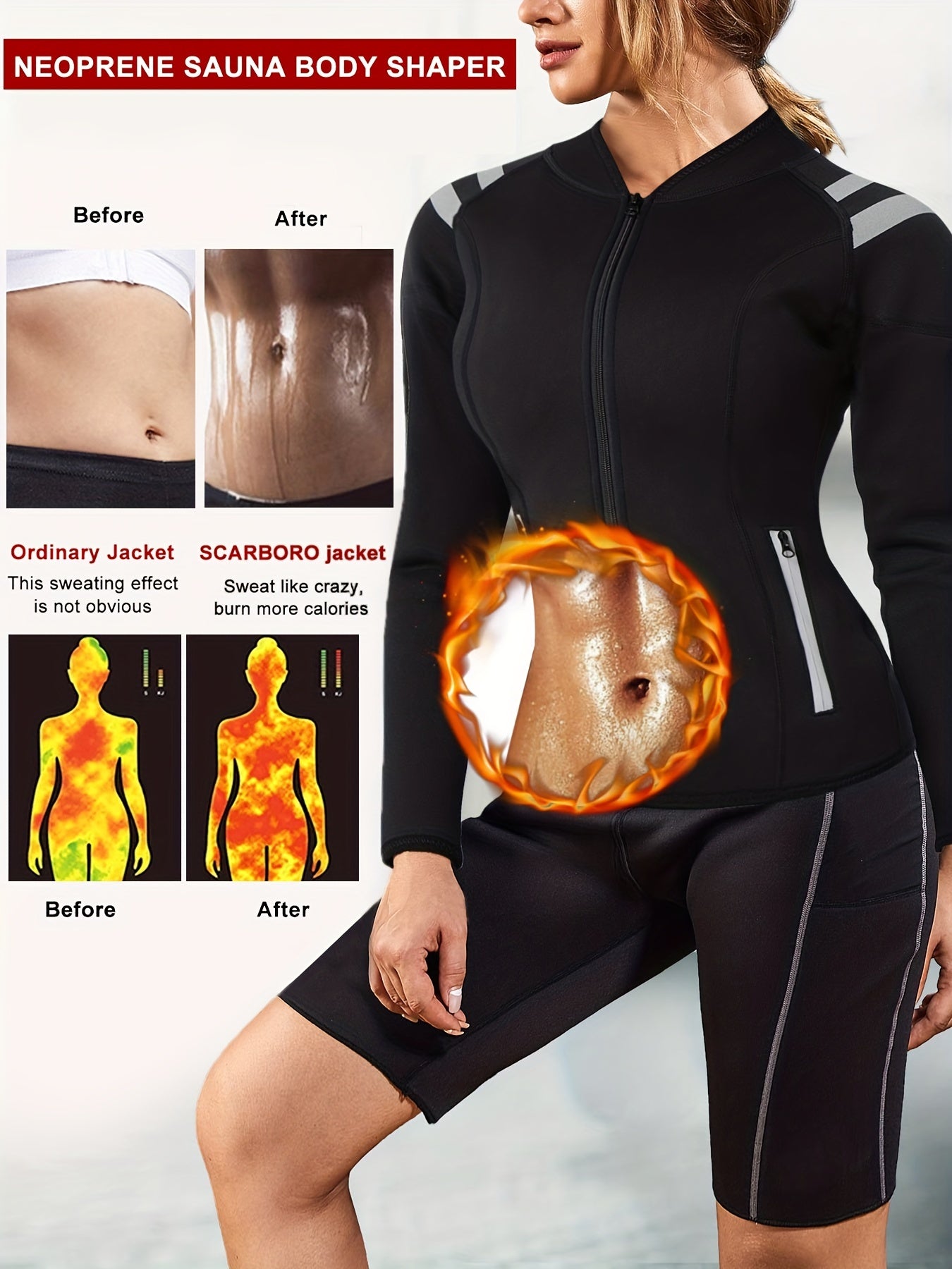 Long Sleeve Full Zipper Sweat Sauna Suit, Waist Training Weight Loss Slimming Fitness Workout Sports Jacket, Women's Clothing