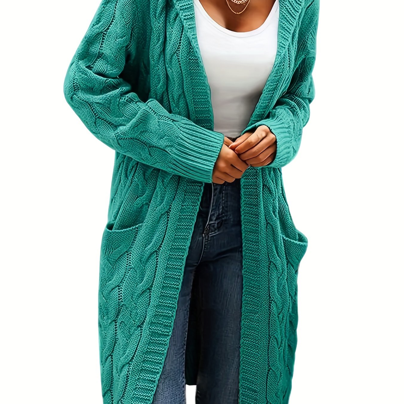 Women's Mid-Length Hooded Cardigan - Soft Stretchy Solid Color Long Sleeve Open Front Sweater with Pockets, Machine Washable Casual Elegance for Fall Winter, Everyday Comfort Wear, Stylish Hooded Design, Comfortable Fit