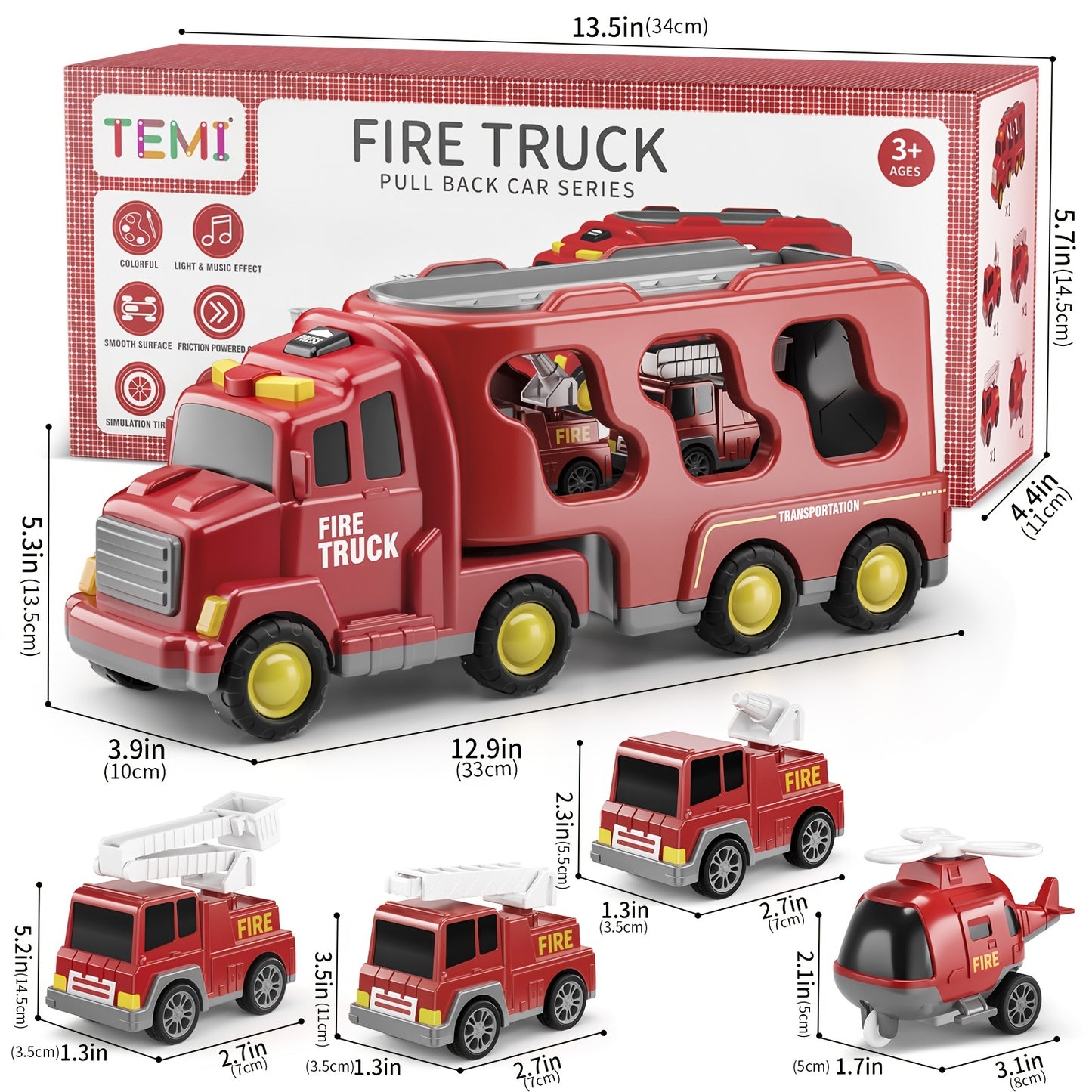 BABYHOME Toddler Fire Engine Toys, For Boys Girls - 5-In-1 Carrier Truck Transport Cars, Firefighter Vehicles For Kids, Christmas Birthday Gifts For Boys Girls
