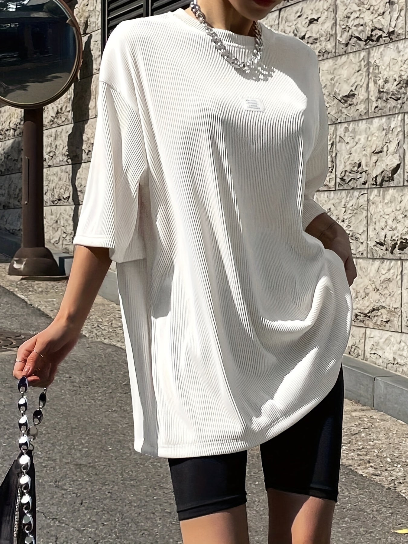 Oversized Drop Shoulder Ribbed T-Shirt, Casual Crew Neck Short Sleeve T-Shirt For Spring & Summer, Women's Clothing