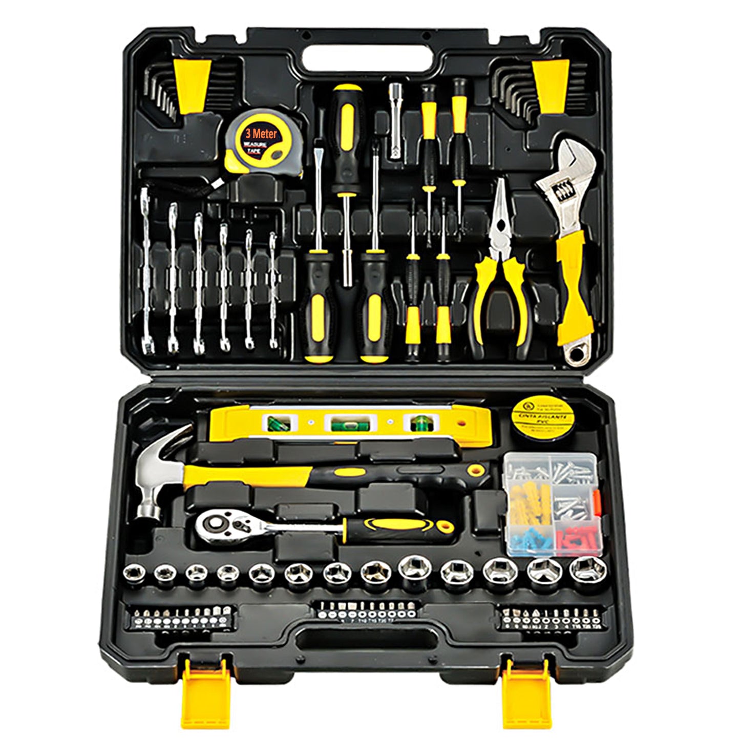 108pcs Home & Auto Repair Tool Kit with Hammer, Wrench, Socket Set, Screwdriver, Level, Tape Measure - Includes Durable Toolbox