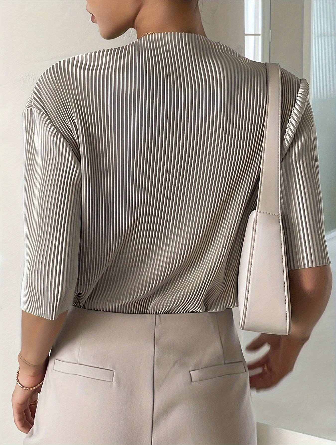Boat Neck Textured Blouse, Elegant Half Sleeve Blouse For Spring & Summer, Women's Clothing