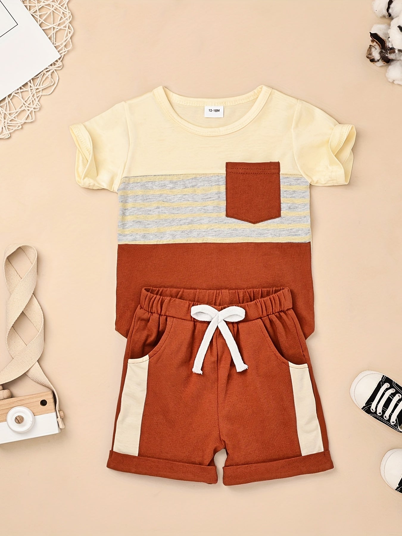 2pcs Baby Boys Summer Outfit Set - Cotton & Polyester Crew Neck T-Shirt with Stripes & Patch Detail, Short Sleeve, Drop Shoulder, Knit Fabric, with Matching Shorts with Belt & Fake Drawstring - Regular Fit, for Outdoor