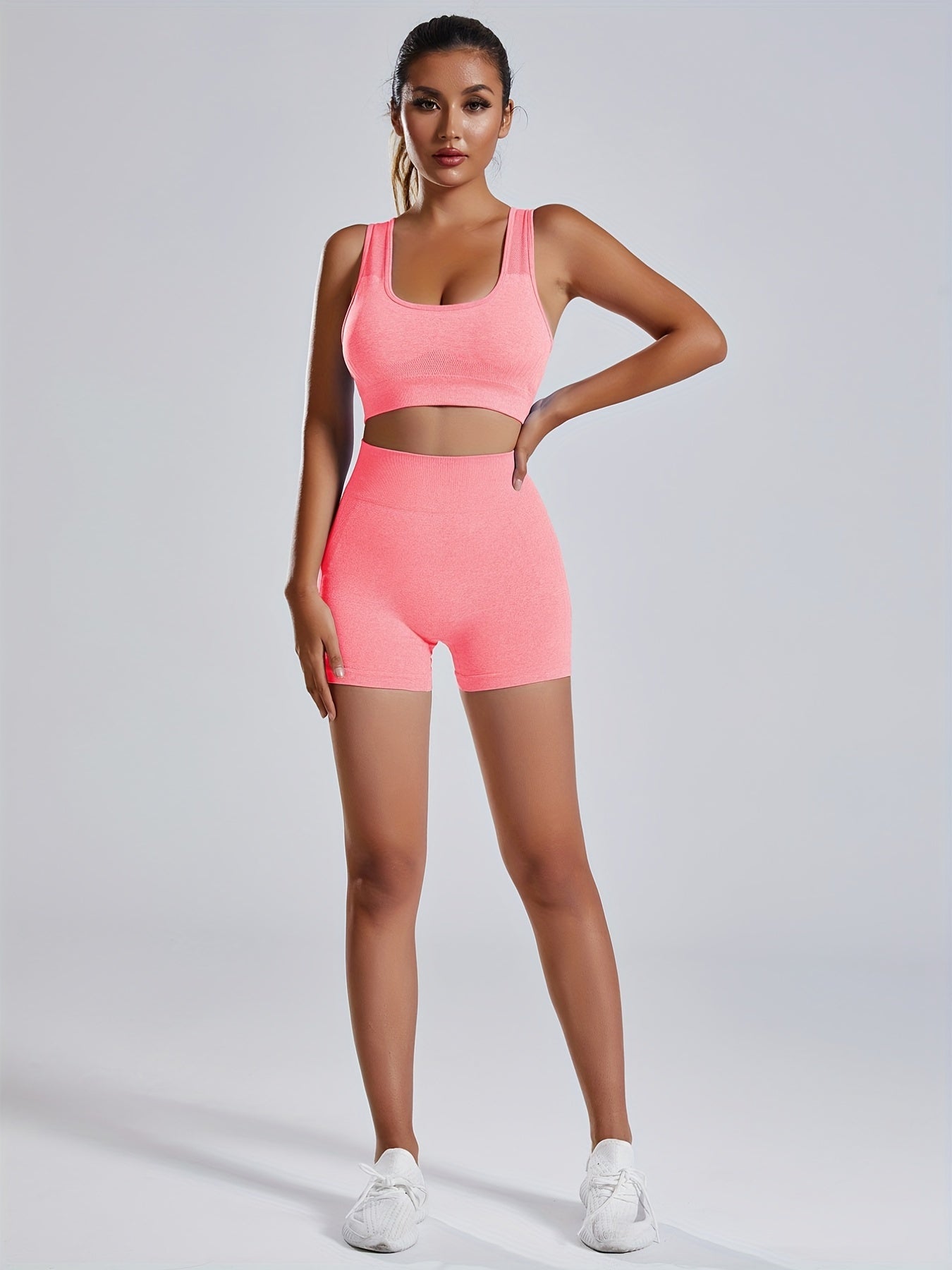 Women'S Seamless Sports Yoga Set, Summer New High Stretch Knit Fabric, Solid Color Polyamide 90% Elastane 10%, Short Length Fitness Gym Wear with Backless Bra and Butt Lifting Yoga Pants