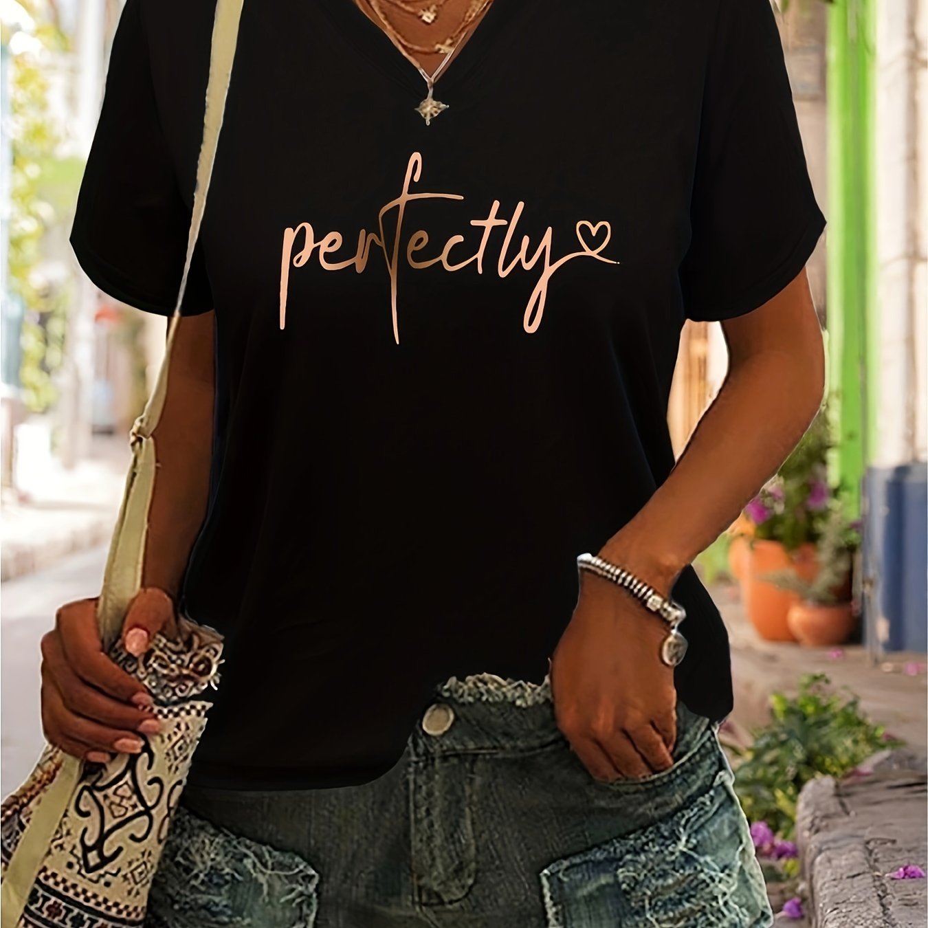 Perfectly Letter Print T-shirt, Casual V Neck Short Sleeve T-shirt, Women's Clothing