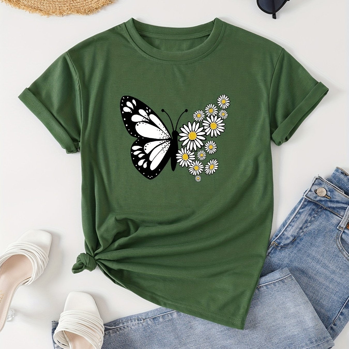 Women's Casual Butterfly & Daisy Floral Print Round Neck T-Shirt - Olive Green, Machine Washable, Regular Fit for Casual Attire, Allseason Fashion, Relaxed Style, Nontransparent Fabric
