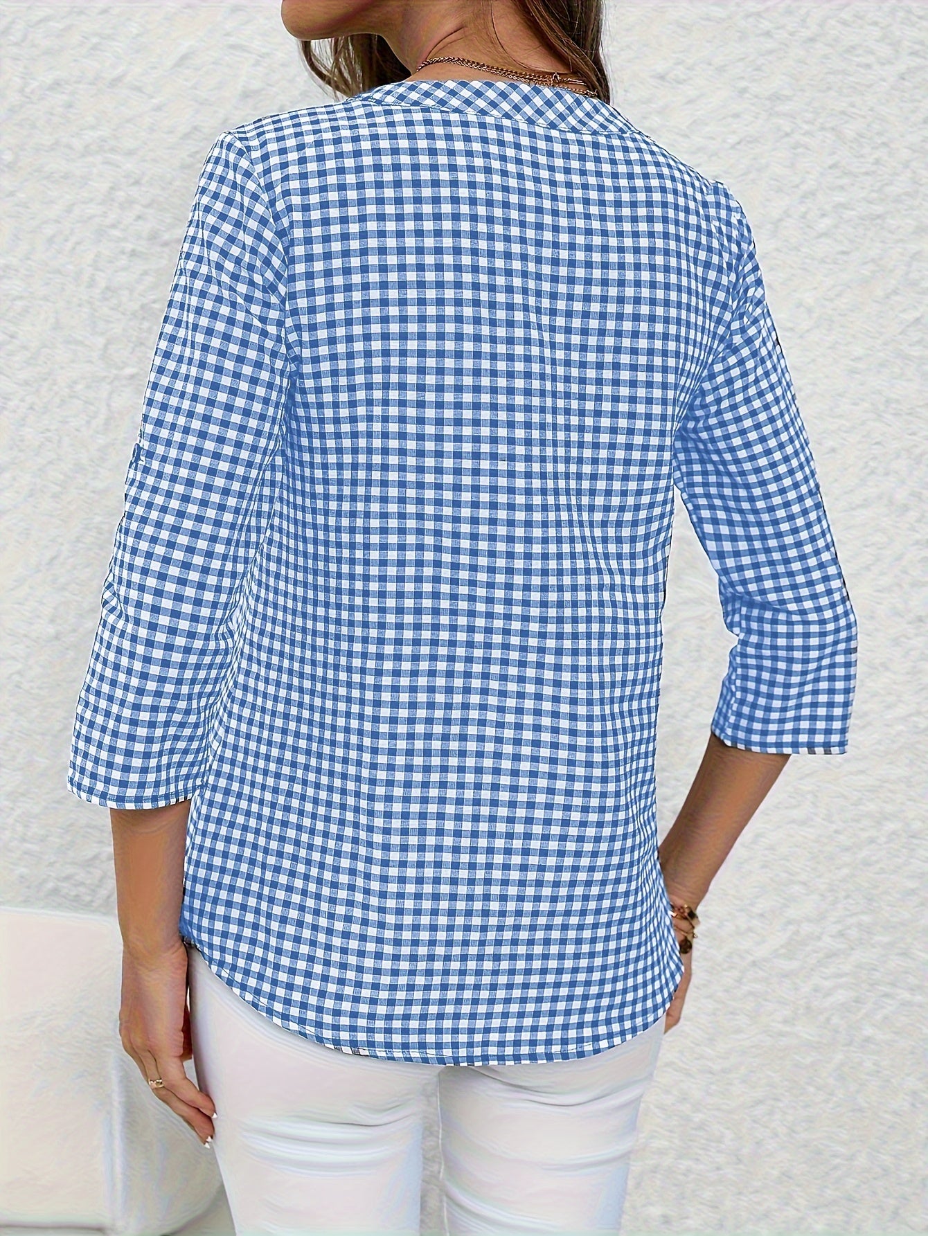 Plaid Print Button Notched Neck Blouse, Casual Rolled Sleeve Blouse For Spring, Women's Clothing