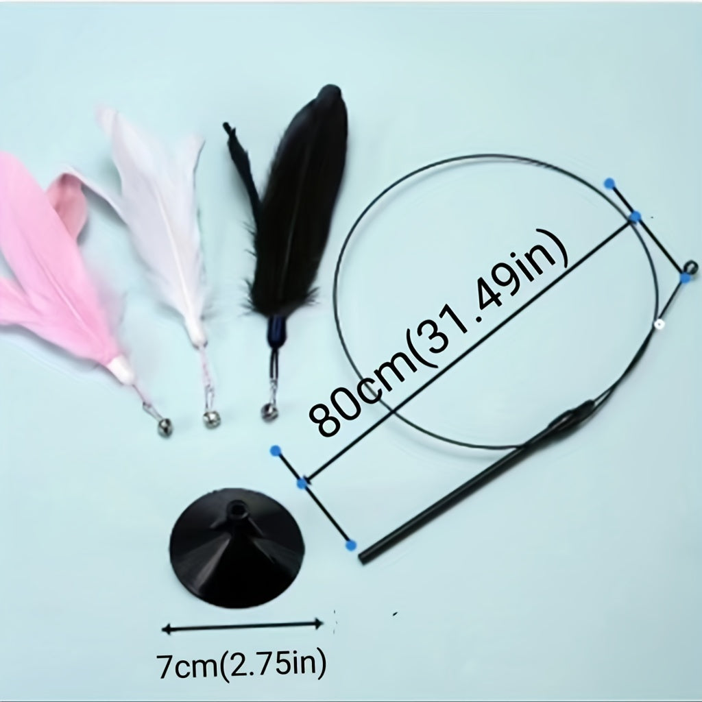 1pc Feather Decor Cat Teaser Stick Toy, Durable Cat Chew Toy With Bell And Suction Cup For Cat Interactive Supply