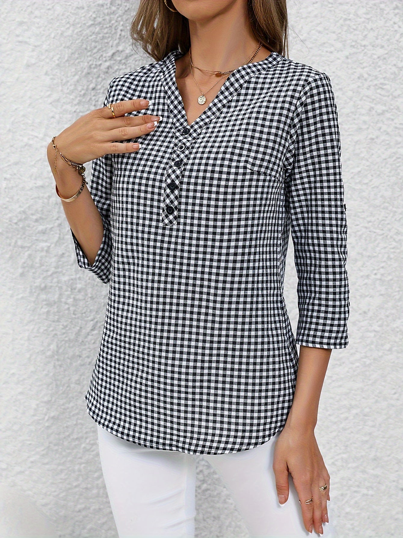 Plaid Print Button Notched Neck Blouse, Casual Rolled Sleeve Blouse For Spring, Women's Clothing