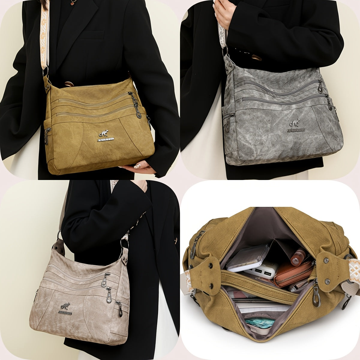 Women'S Retro Bohemian Crossbody Bag with Adjustable Strap - Solid Color Olive Green Tote Handbag, Large Capacity for Everyday Use, Golden-Tone Hardware & Zipper Closure, Purse Crossbody