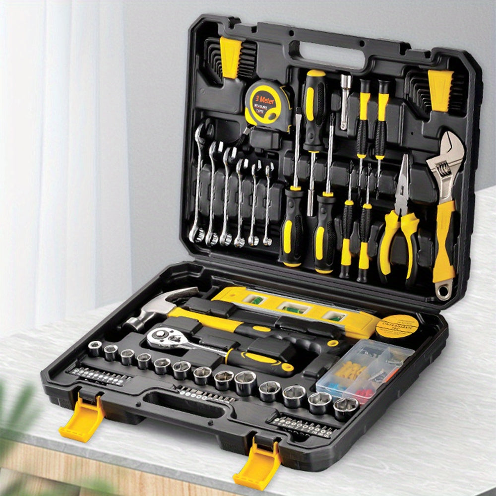 108pcs Home & Auto Repair Tool Kit with Hammer, Wrench, Socket Set, Screwdriver, Level, Tape Measure - Includes Durable Toolbox