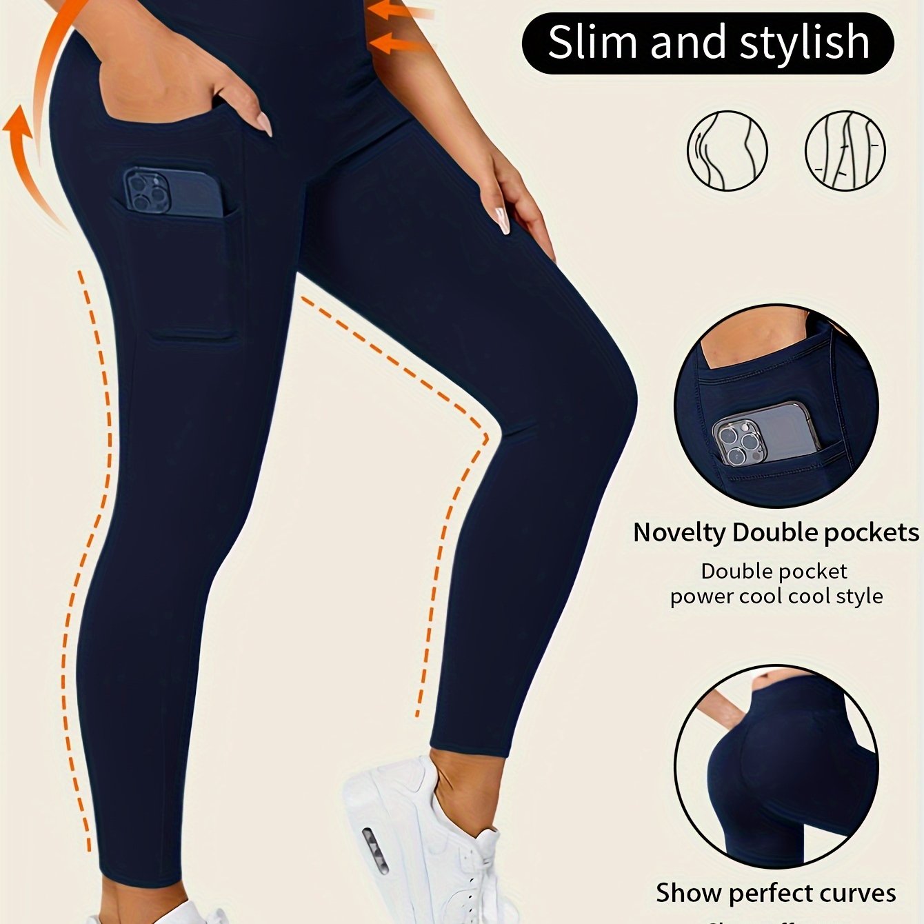 High-Waisted Leggings with Slim-Fit Double Pocket Design - Burgundy/Black/White/Navy Blue - All-Season Pants, Tummy Control & Butt-Lifting for,, Casual Wear - Hand Washable Stretchy Bottoms