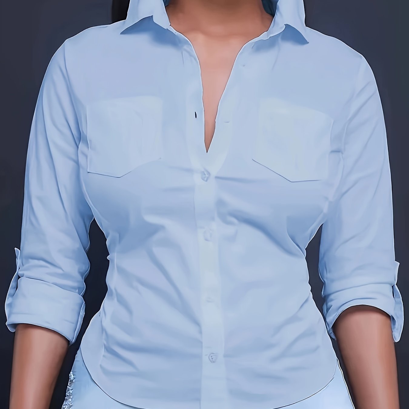 Solid Color Button Front Shirt, Casual Long Sleeve Pocket Shirt For Spring & Fall, Women's Clothing