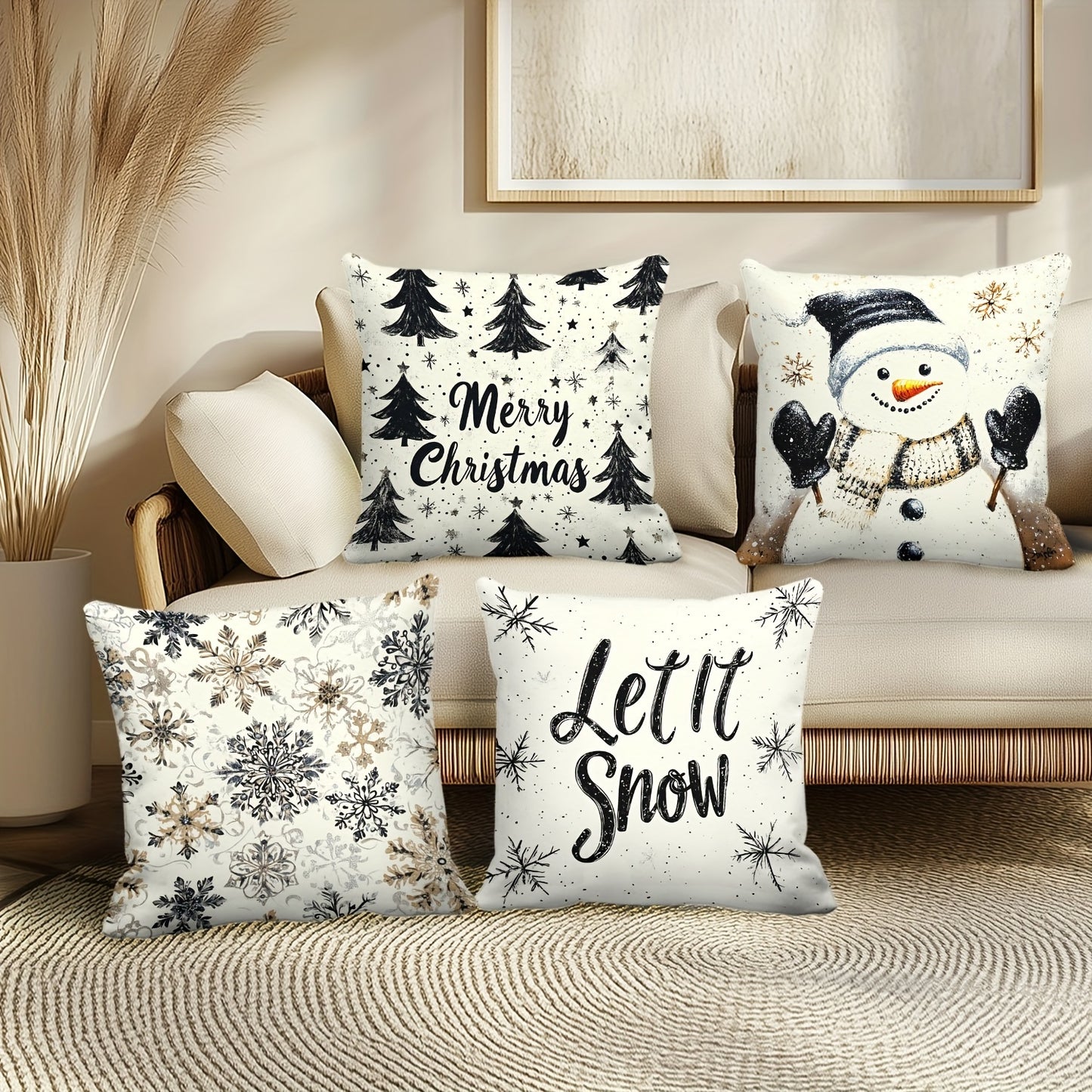 Set of 4 Christmas Throw Pillow Covers - Contemporary Style, 45.72x45.72 cm, Zipper Closure, Machine Washable, Polyester Decorative Pillowcases for Living Room, Holiday Snowman & Tree Design, Woven Fabric, Pillow Insert Not I