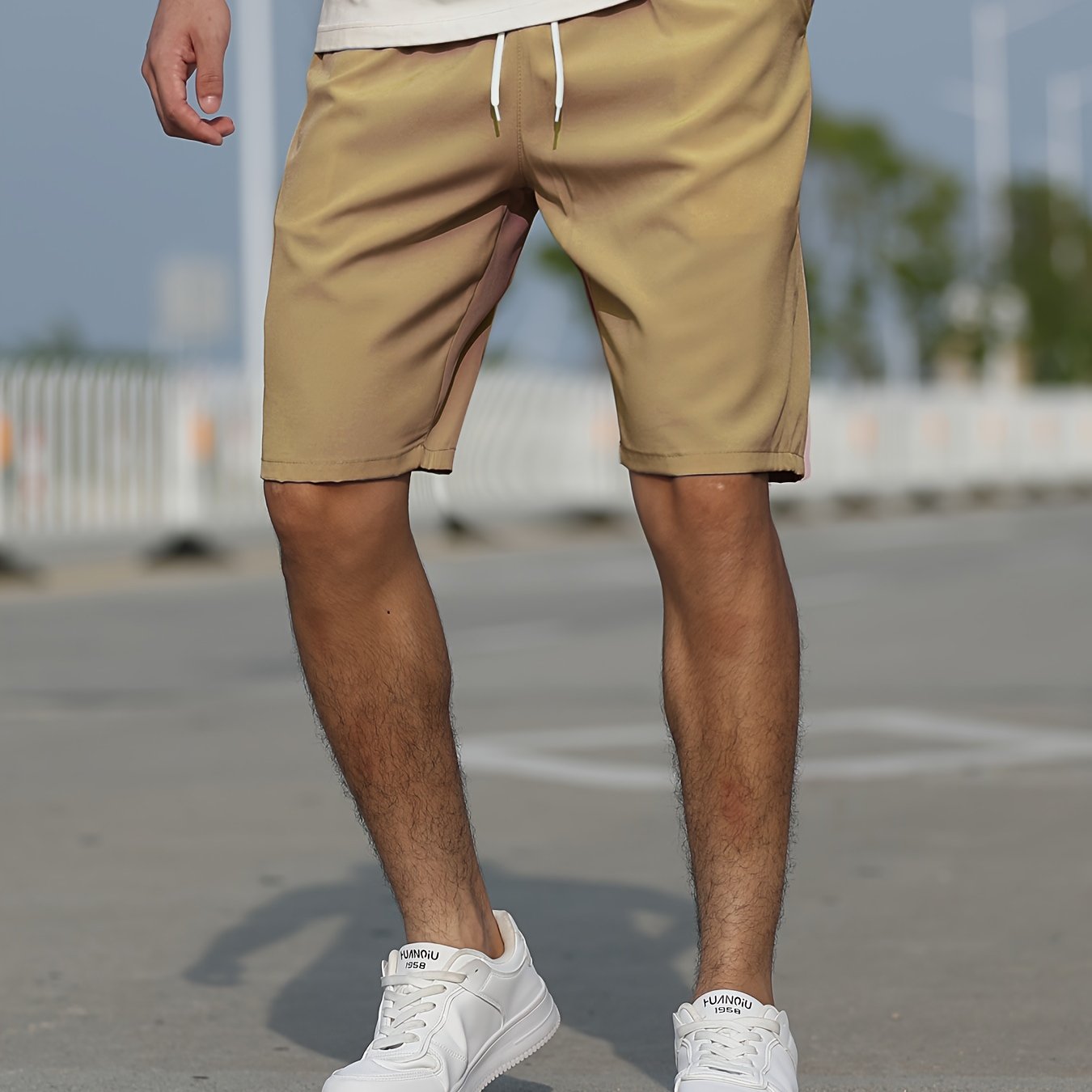 Casual Slightly Stretch Graphic Drawstring Shorts, Men's Clothes For Summer