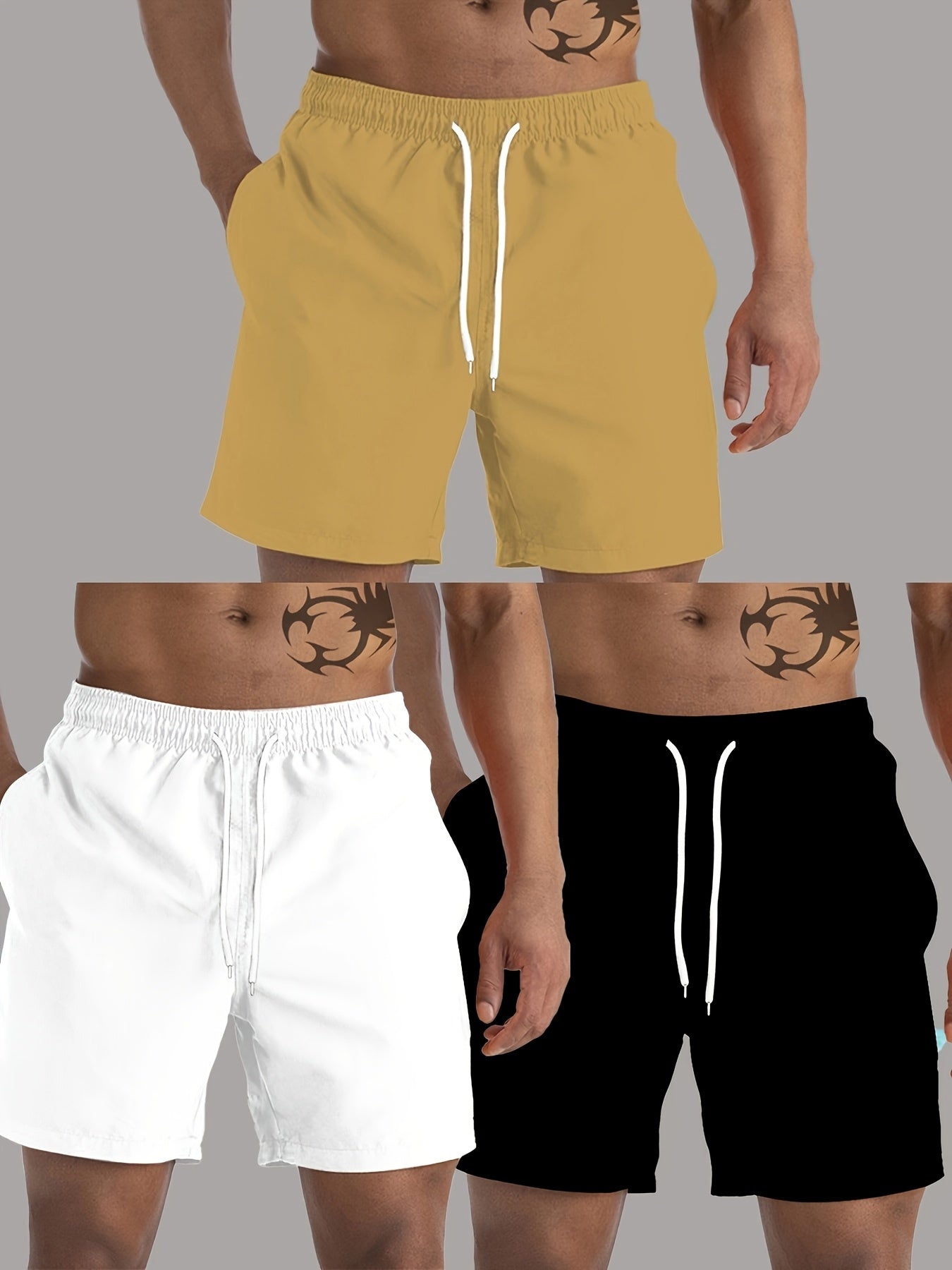 3pcs Men'S Plus Size Casual Shorts Set - White with Black Spider Web Print, Drawstring Waist, Non-Stretch Fabric, Perfect for Beach or Sports, Beach Shorts | Sporty Style | Woven Texture